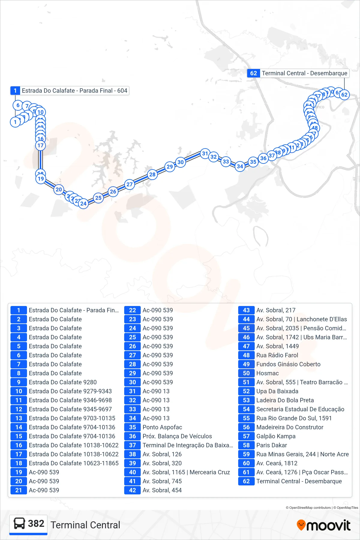 Rota e paradas da linha de ônibus  382  (Terminal Central) no mapa