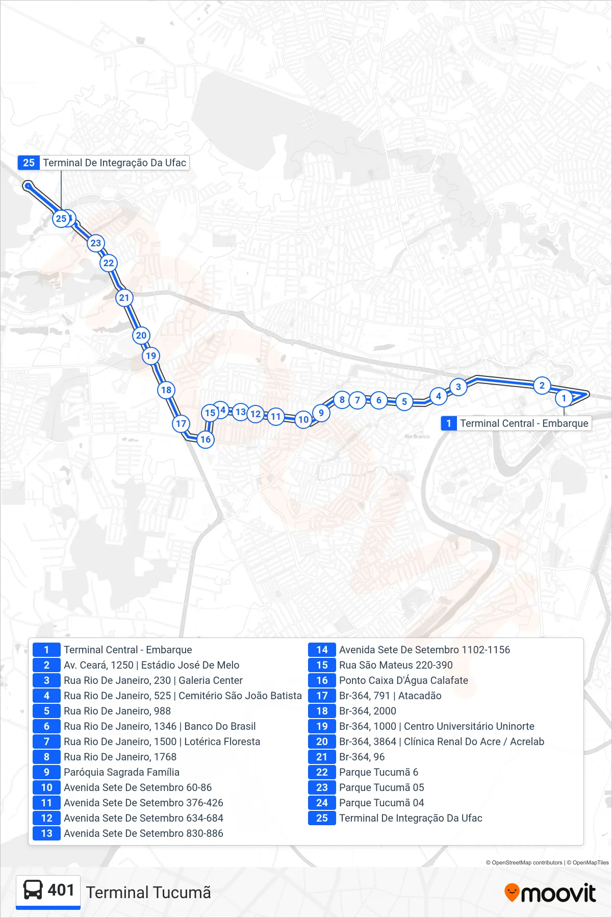 Rota e paradas da linha de ônibus  401  (Terminal Tucumã) no mapa