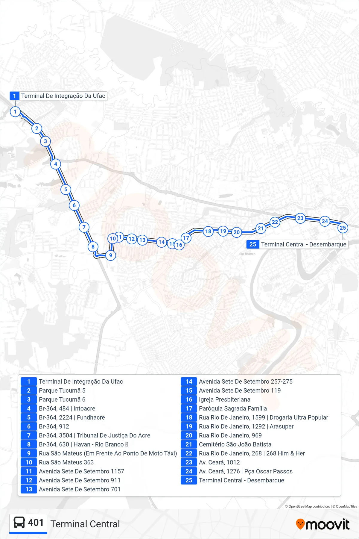 Rota e paradas da linha de ônibus  401  (Terminal Central) no mapa