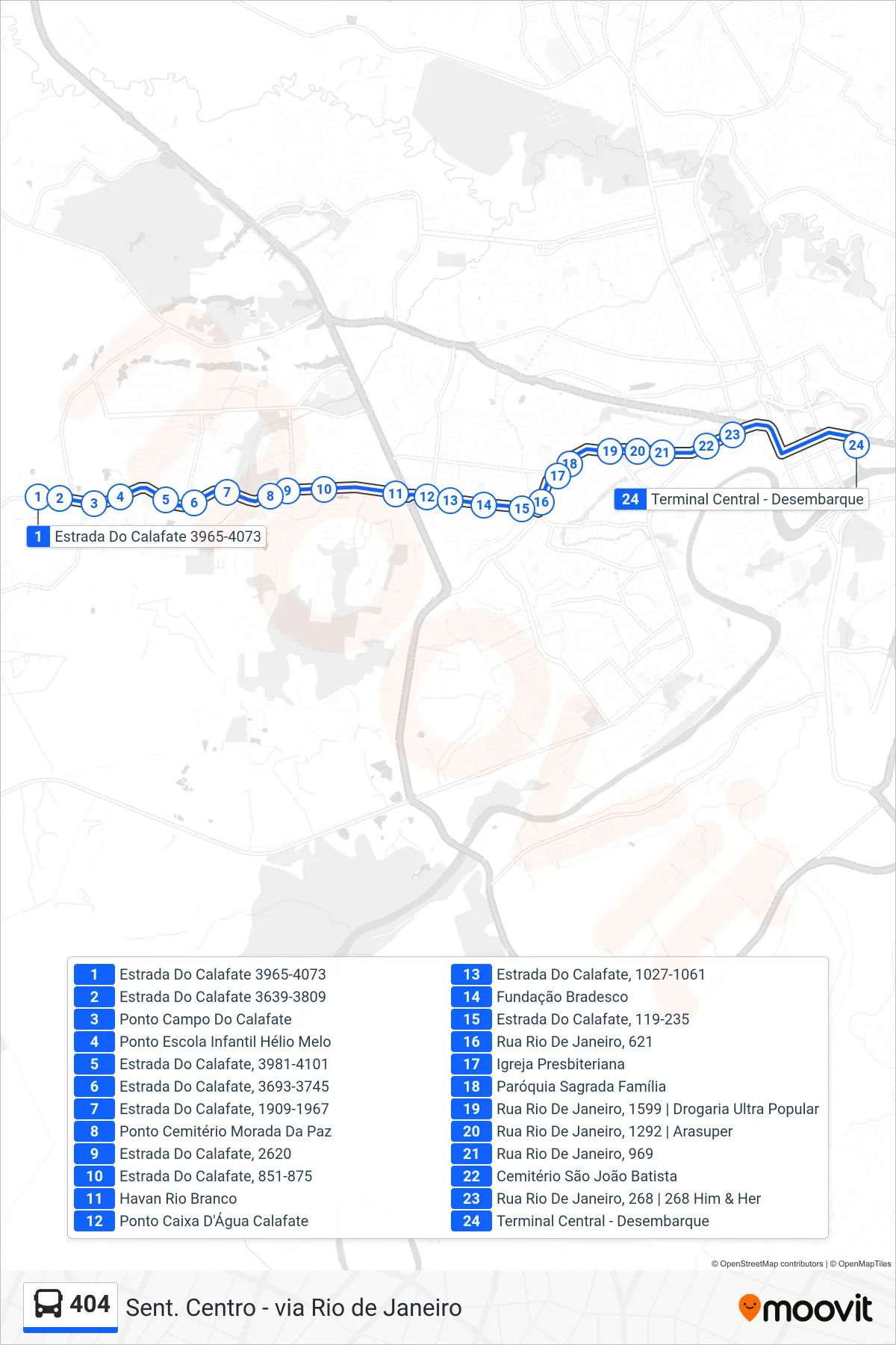 Rota e paradas da linha de ônibus 404 (Sent. Centro - via Rio de Janeiro) no mapa