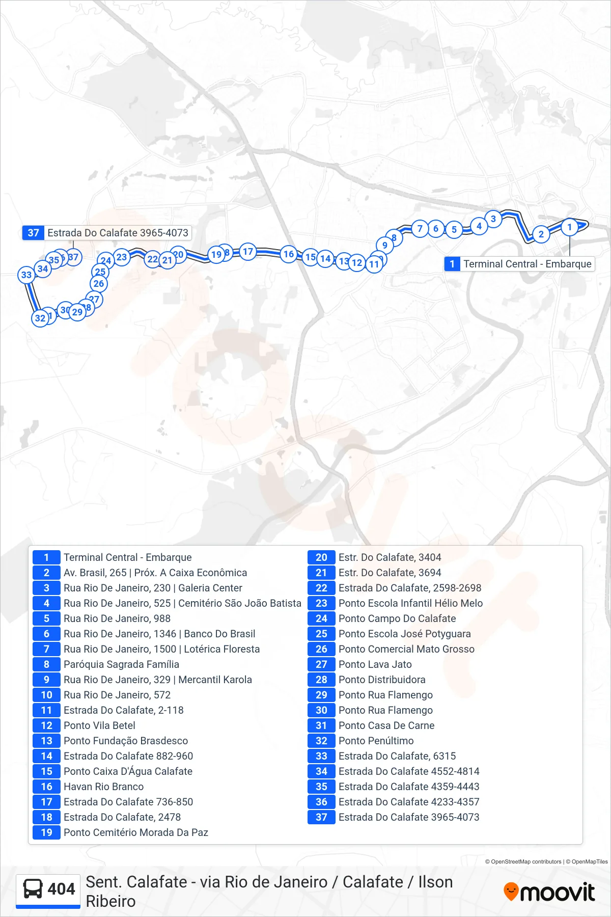 Rota e paradas da linha de ônibus  404  (Sent. Calafate - via Rio de Janeiro / Calafate / Ilson Ribeiro) no mapa