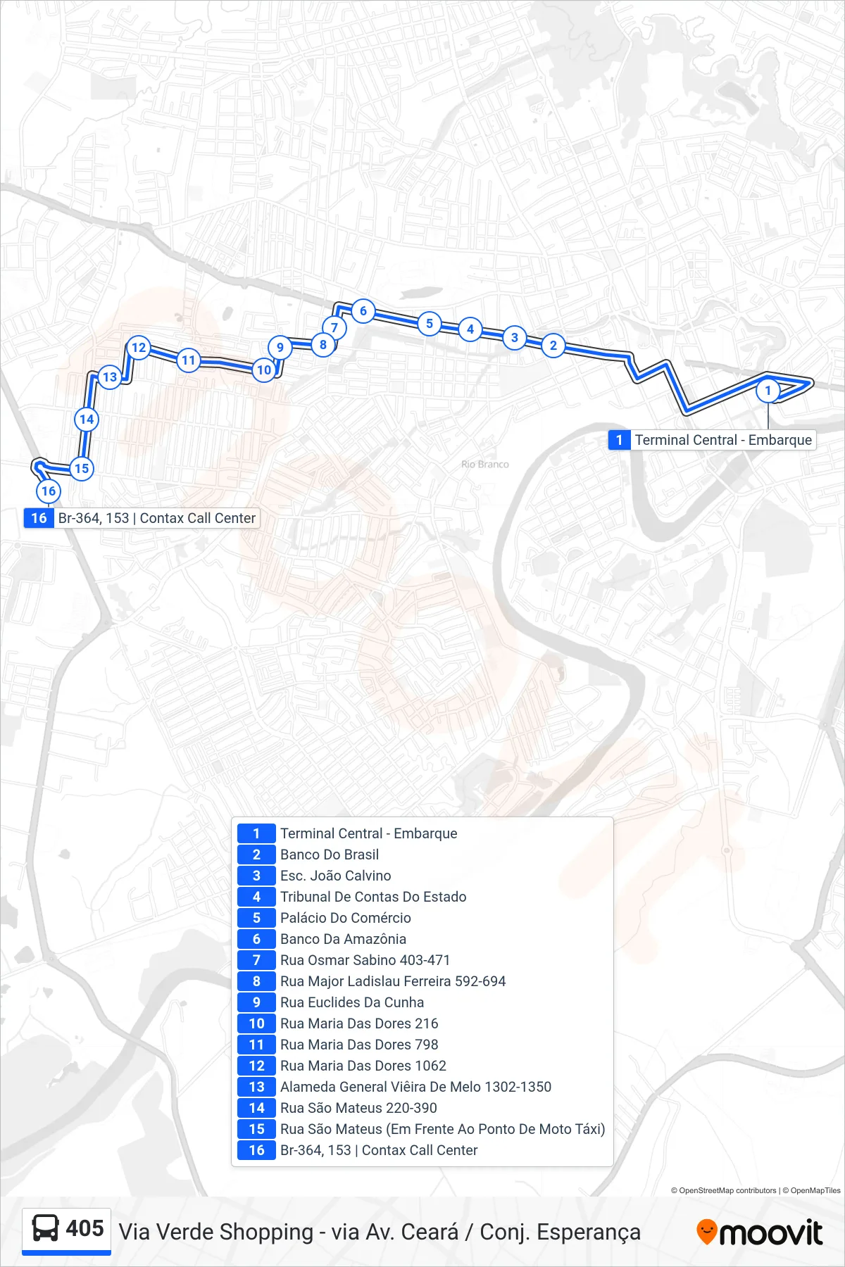 Rota e paradas da linha de ônibus 405 (Via Verde Shopping - via Av. Ceará / Conj. Esperança) no mapa