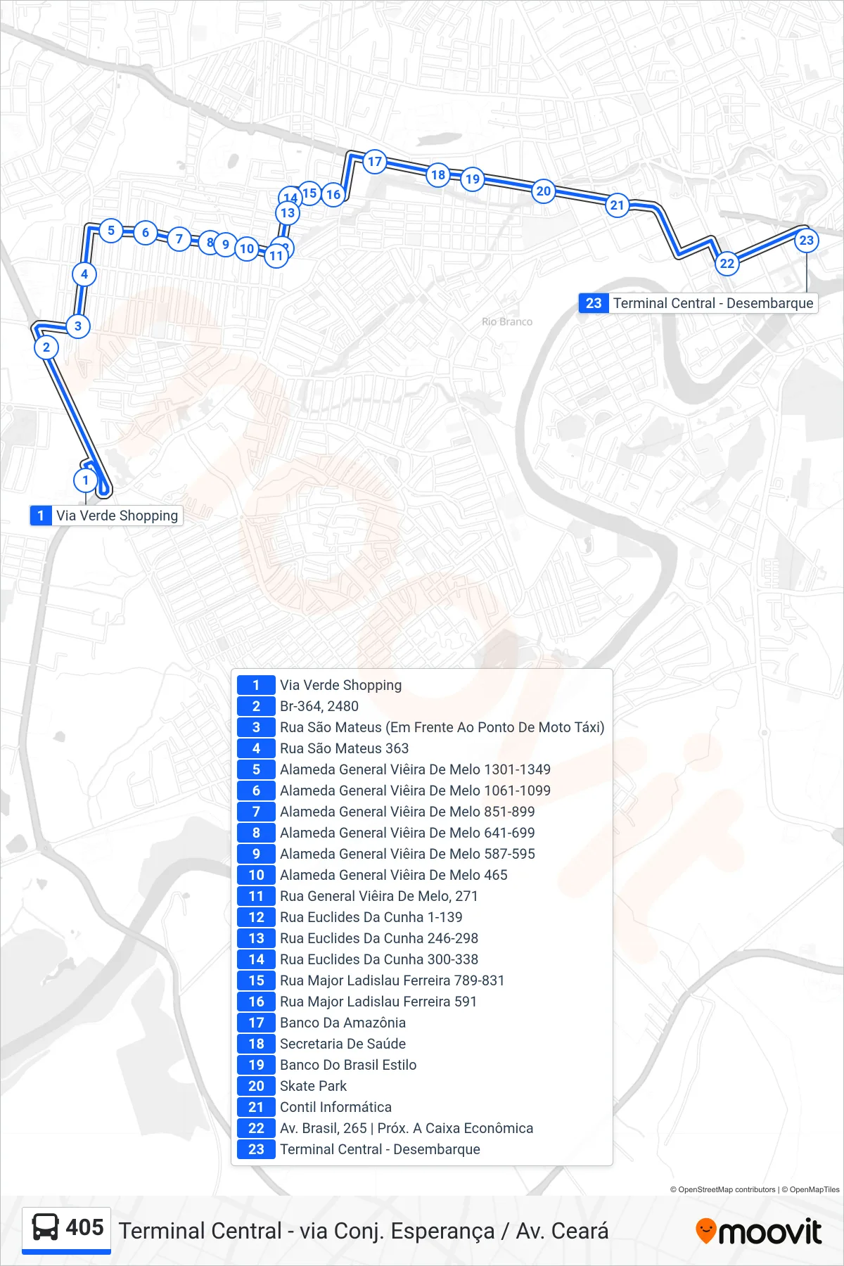Rota e paradas da linha de ônibus 405 (Terminal Central - via Conj. Esperança / Av. Ceará) no mapa