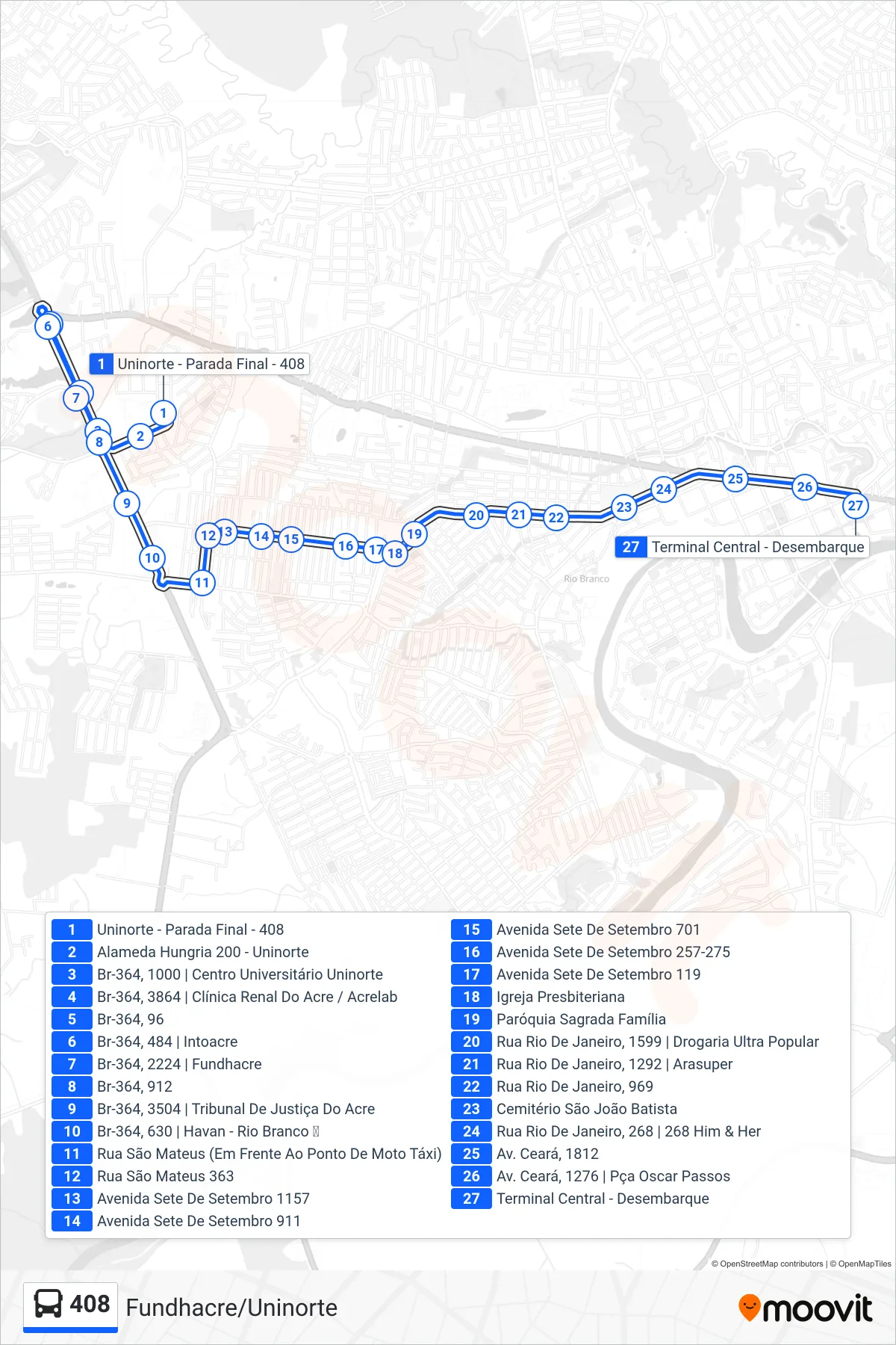 Rota e paradas da linha de ônibus  408  (Terminal Central) no mapa