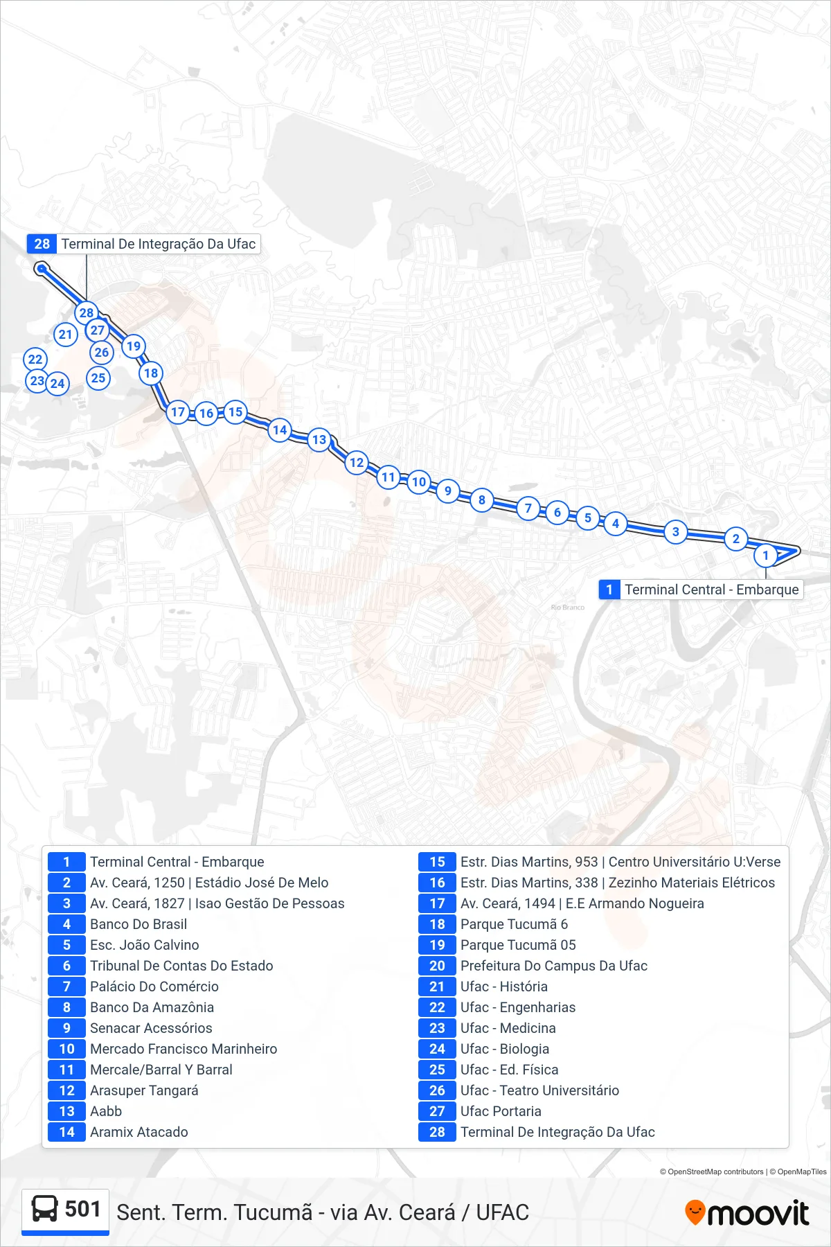 Rota e paradas da linha de ônibus 501 (Sent. Term. Tucumã - via Av. Ceará / UFAC) no mapa