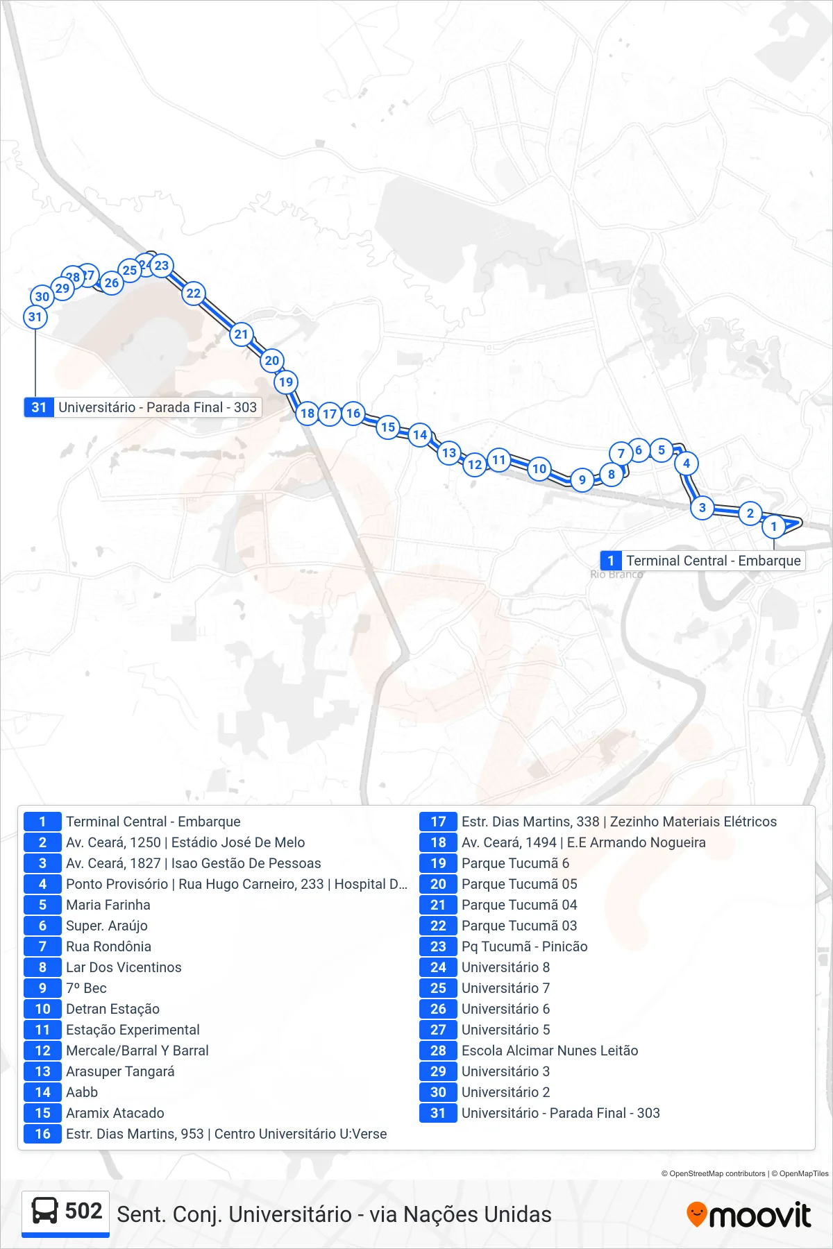 Rota e paradas da linha de ônibus  502  (Sent. Conj. Universitário - via Nações Unidas) no mapa