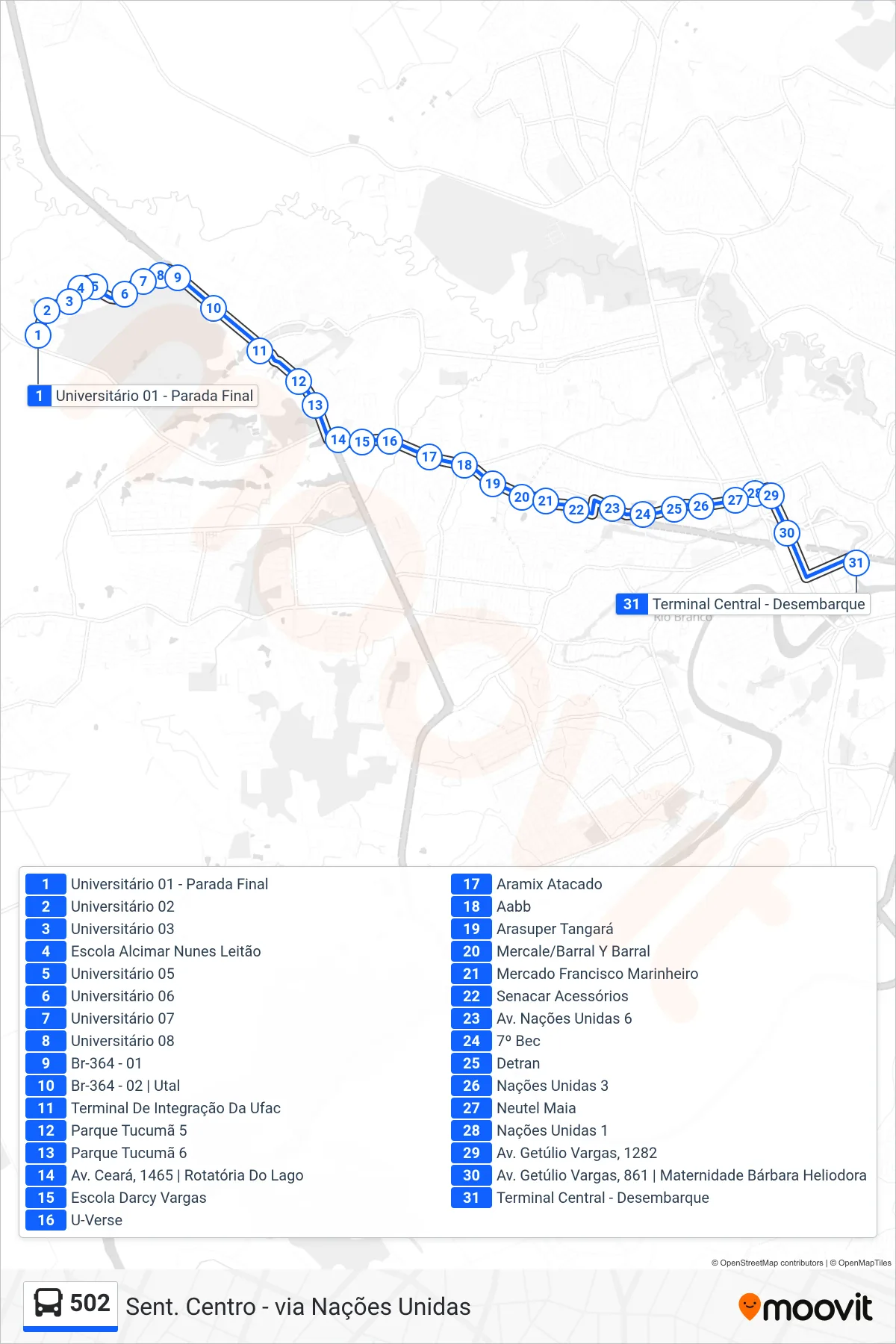 502 bus Line (Sent. Centro - via Nações Unidas) route and stops on a map