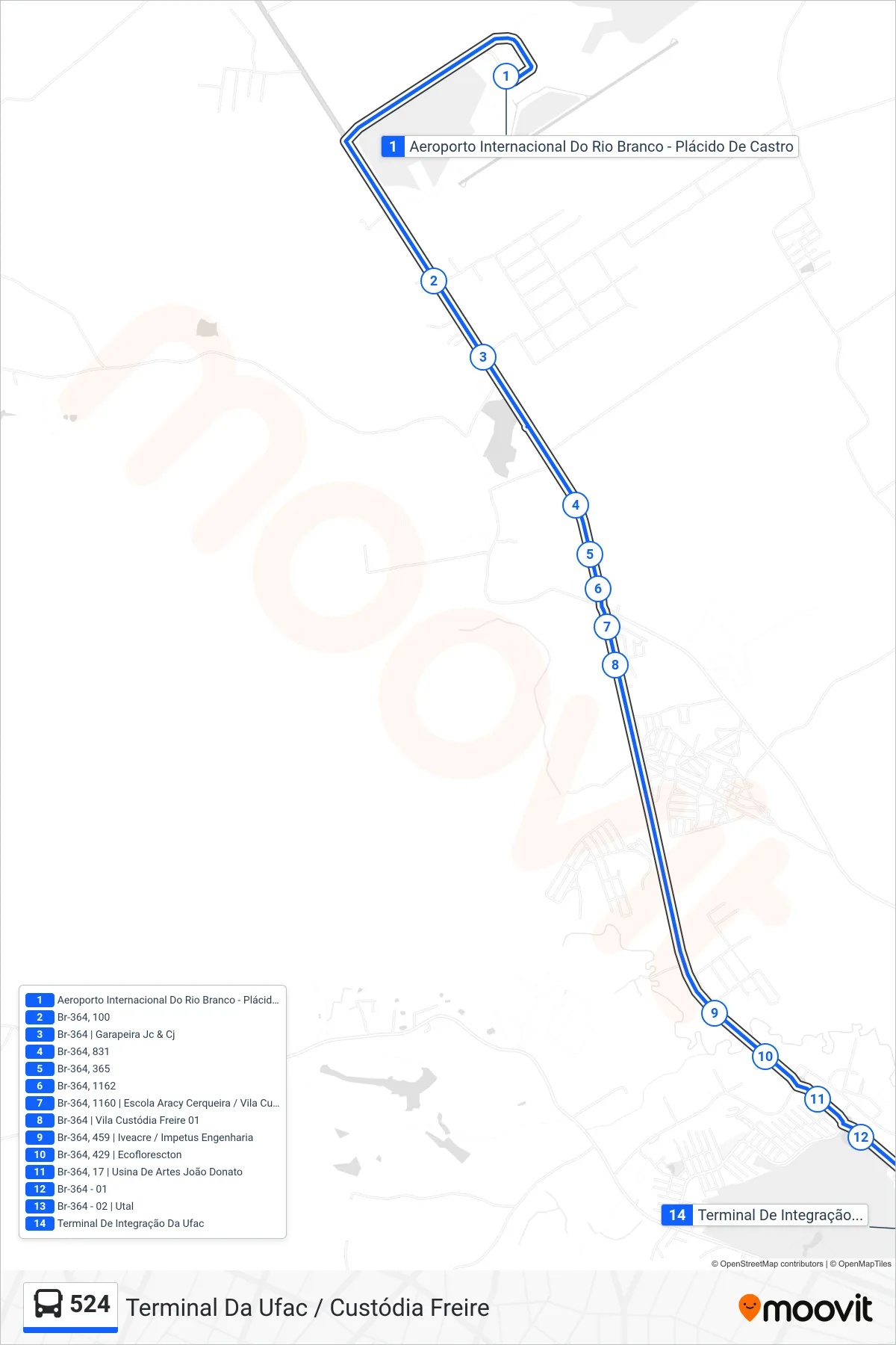 Rota e paradas da linha de ônibus  524  (Terminal Da Ufac / Custódia Freire) no mapa