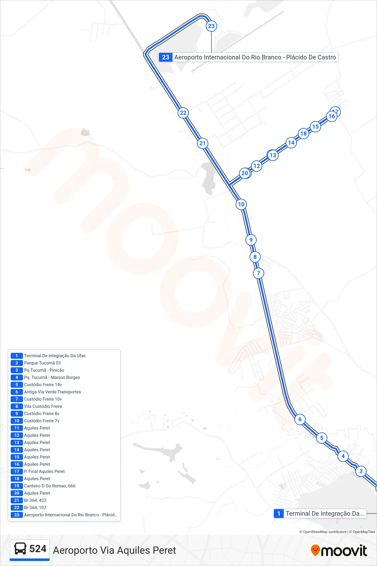 Rota e paradas da linha de ônibus 524 (Aeroporto Via Aquiles Peret) no mapa