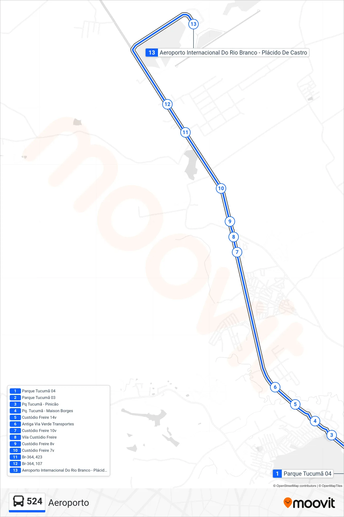 Rota e paradas da linha de ônibus 524 (Aeroporto) no mapa