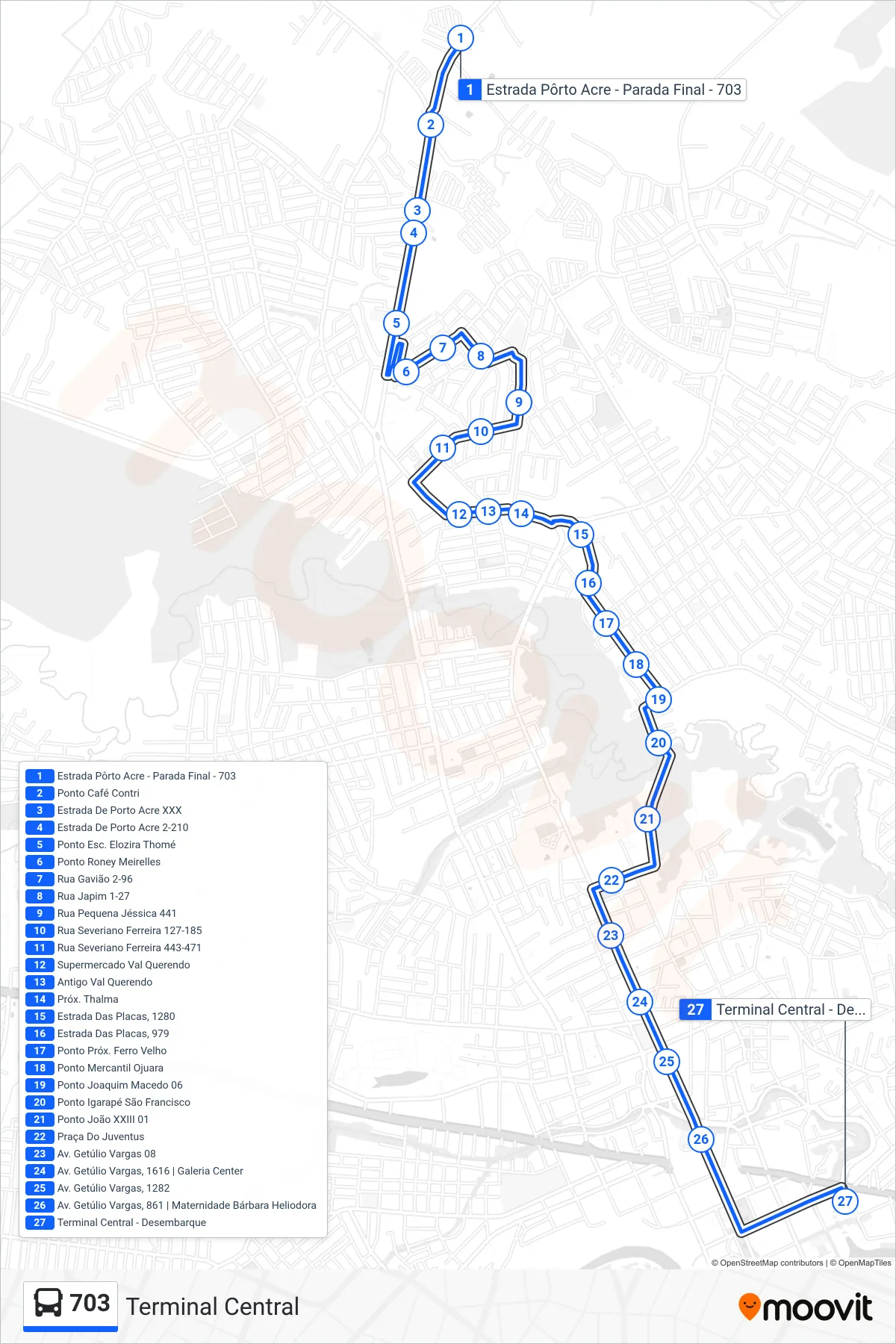 Rota e paradas da linha de ônibus 703 (Terminal Central) no mapa