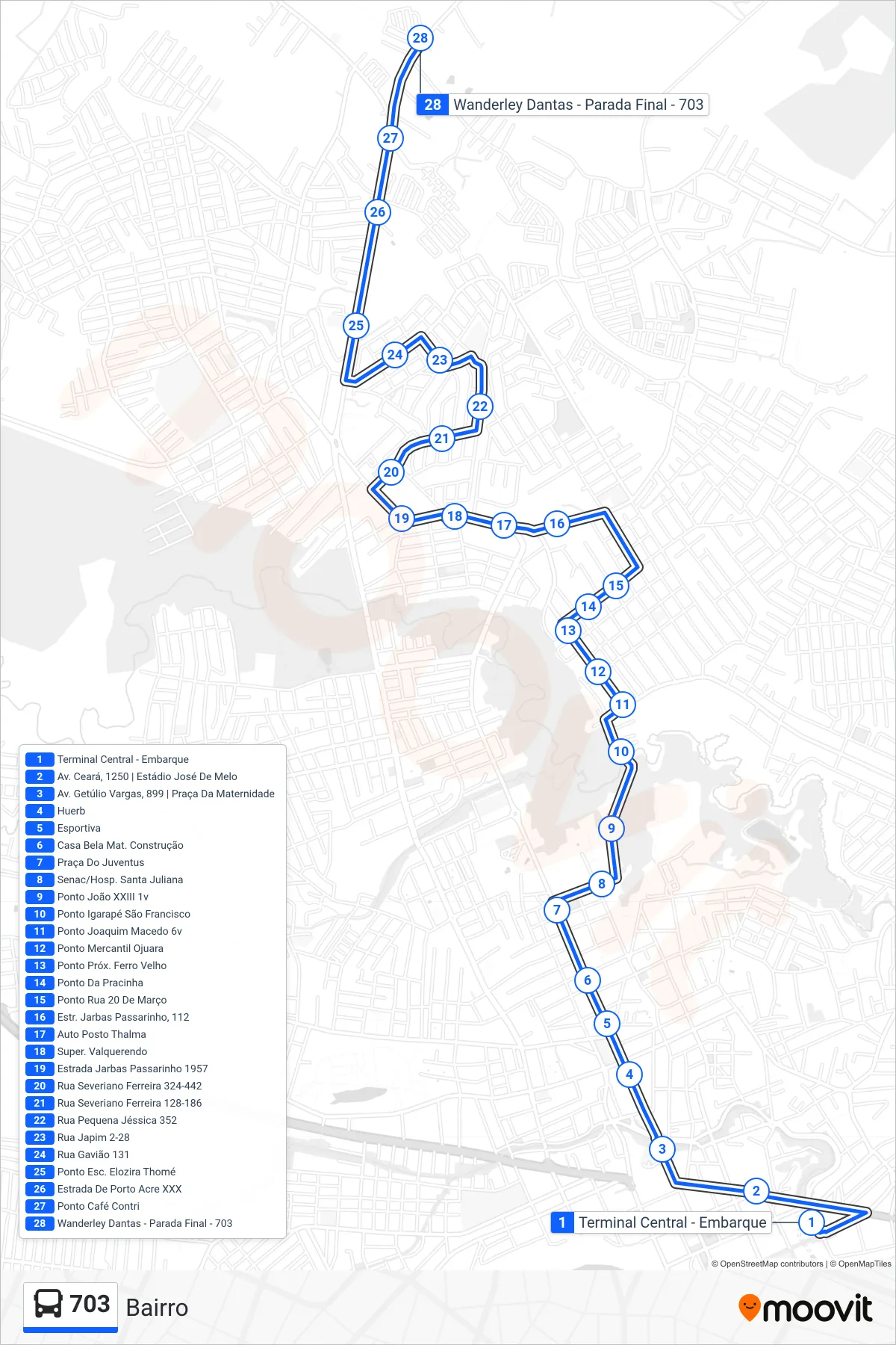 Rota e paradas da linha de ônibus 703 (Bairro) no mapa