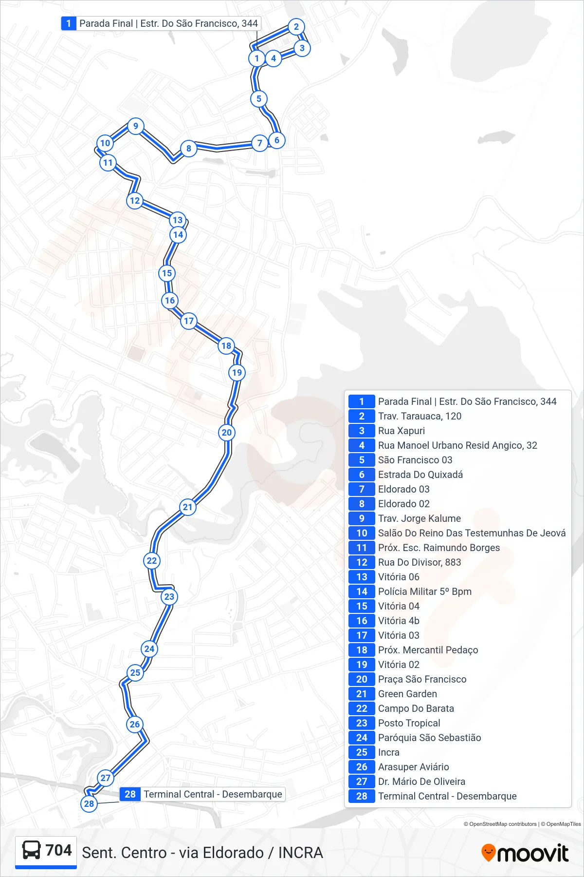 Rota e paradas da linha de ônibus 704 (Sent. Centro - via Eldorado / INCRA) no mapa