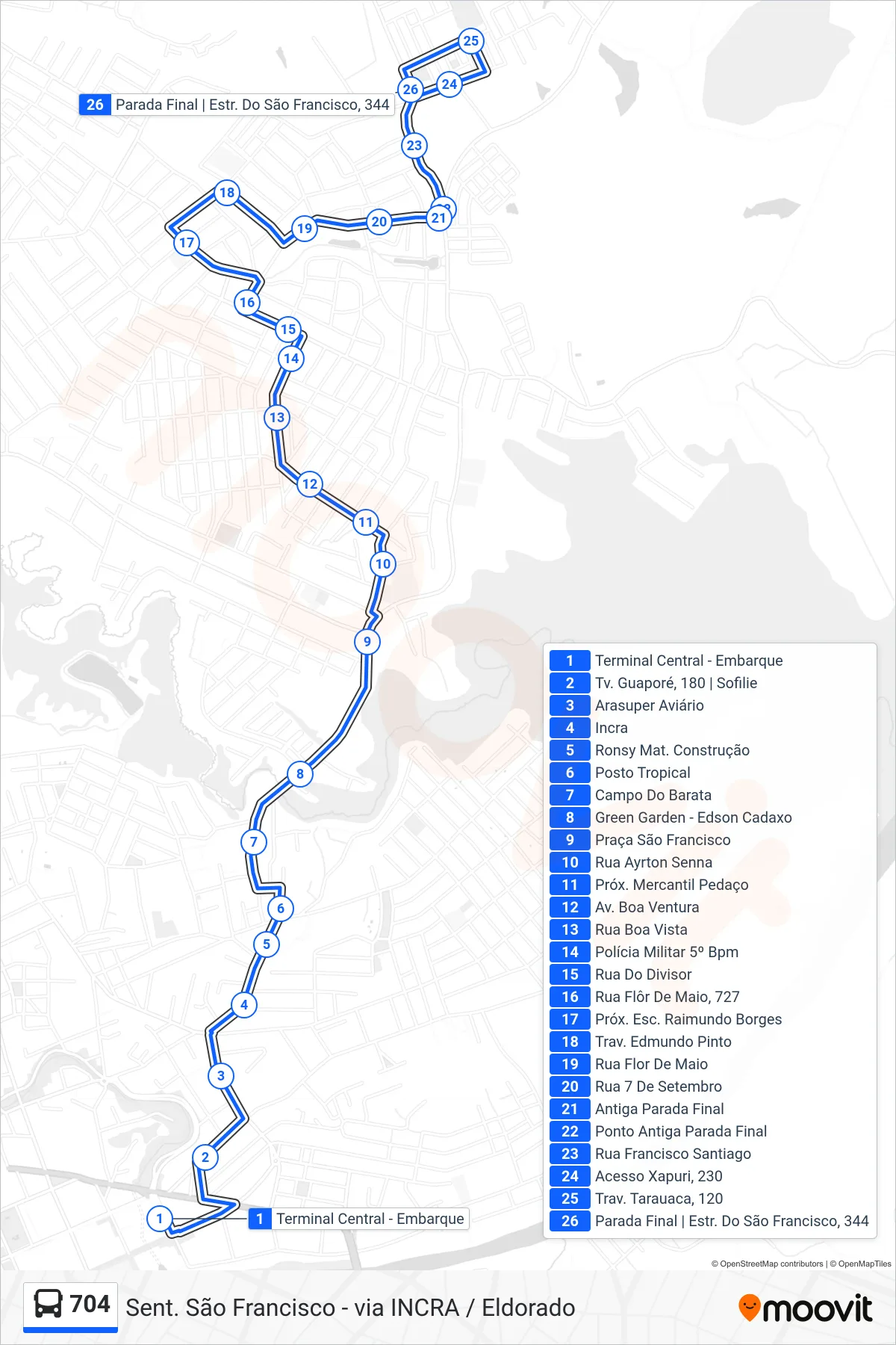 Rota e paradas da linha de ônibus 704 (Sent. São Francisco - via INCRA / Eldorado) no mapa