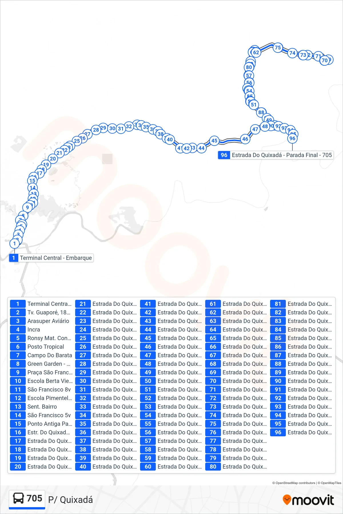 Rota e paradas da linha de ônibus 705 (P/ Quixadá) no mapa