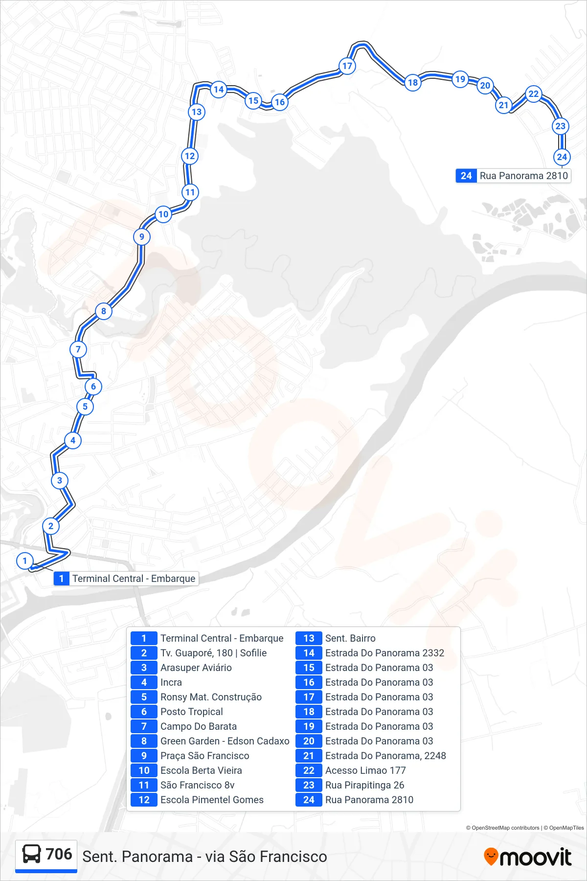 Rota e paradas da linha de ônibus 706 (Sent. Panorama - via São Francisco) no mapa