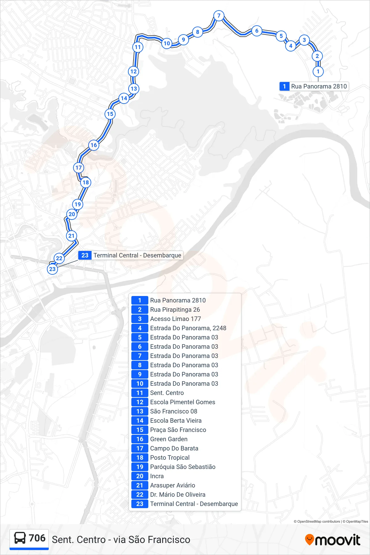 Rota e paradas da linha de ônibus 706 (Sent. Centro - via São Francisco) no mapa