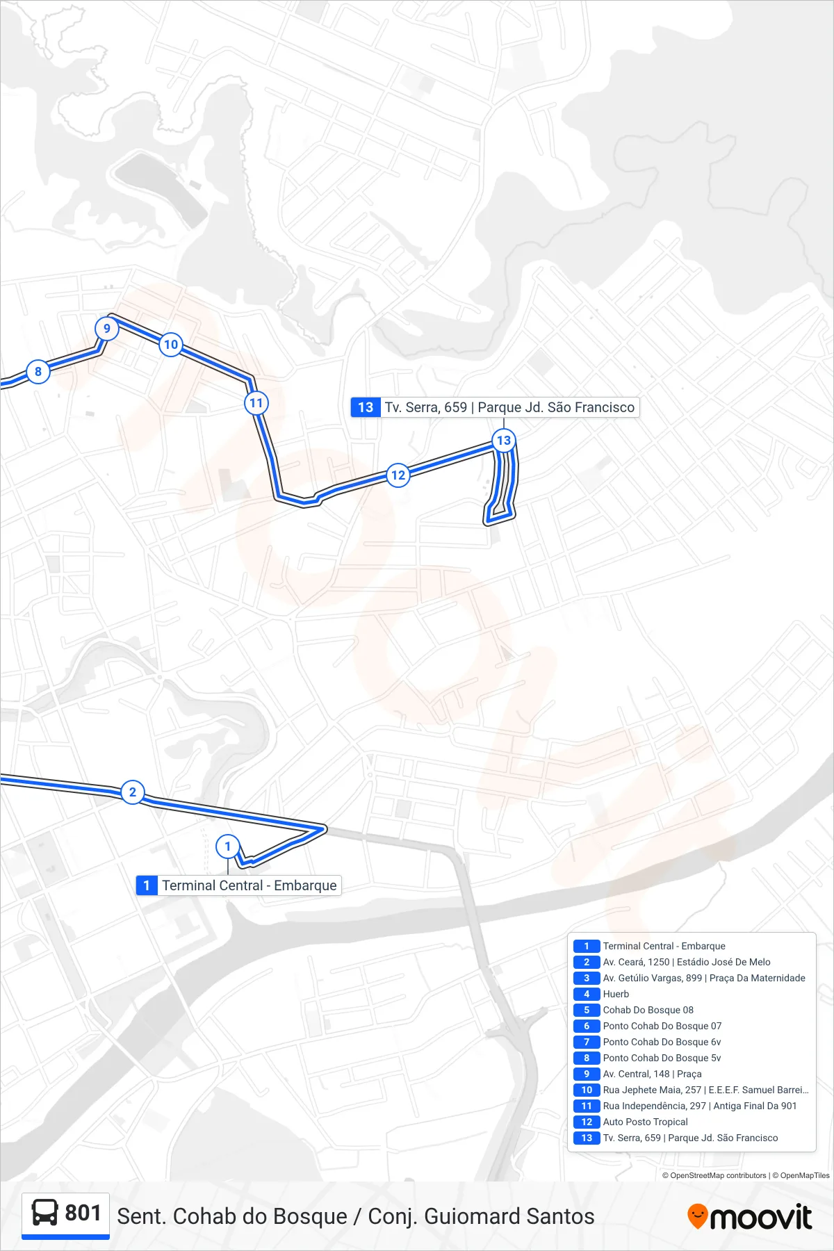 Rota e paradas da linha de ônibus 801 (Sent. Cohab do Bosque / Conj. Guiomard Santos) no mapa