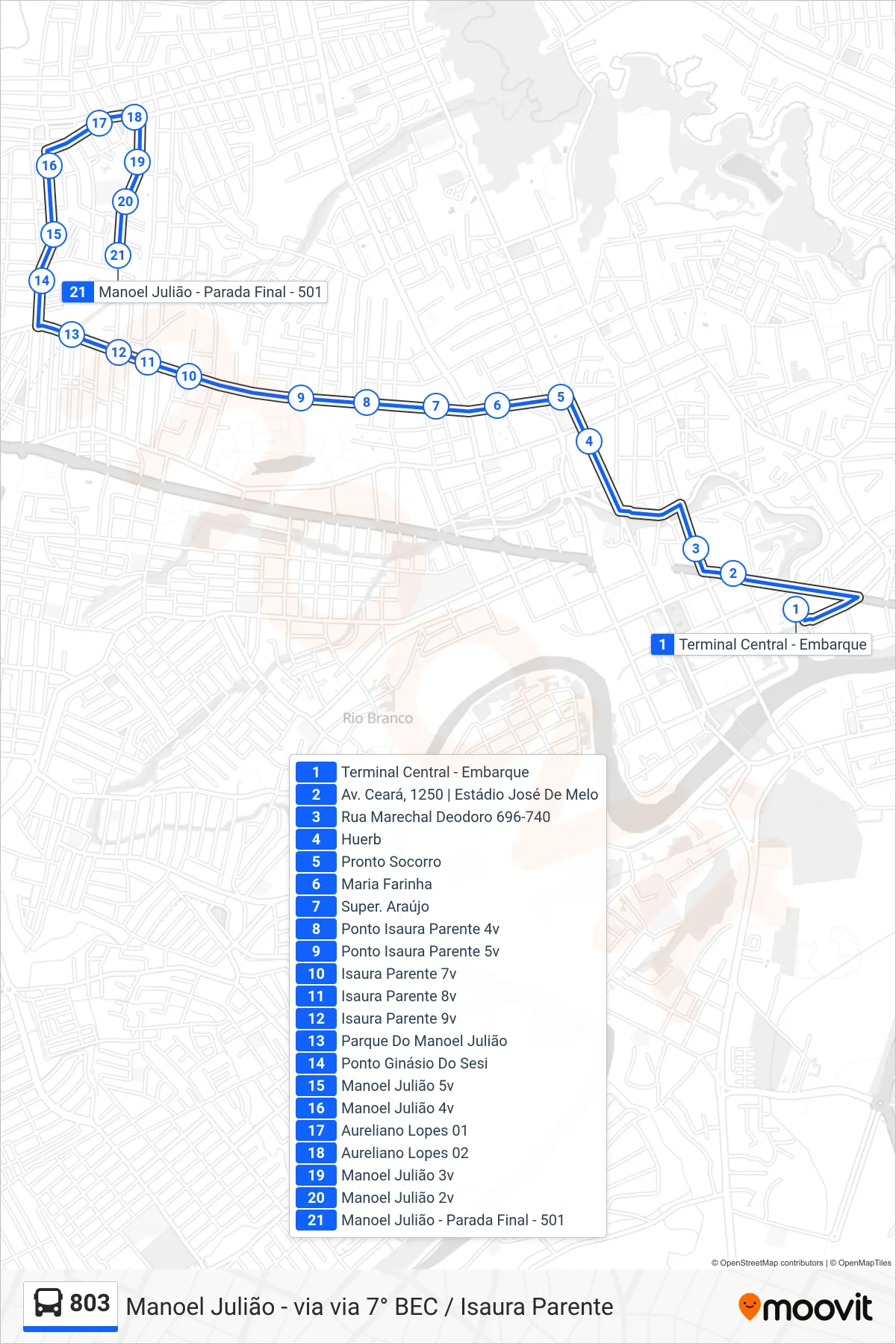 Rota e paradas da linha de ônibus 803 (Manoel Julião - via via 7° BEC / Isaura Parente) no mapa