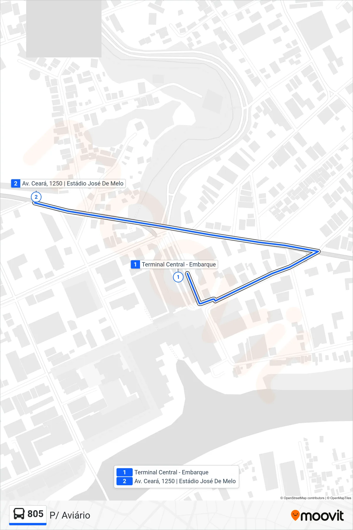 Rota e paradas da linha de ônibus  805  (P/ Aviário) no mapa