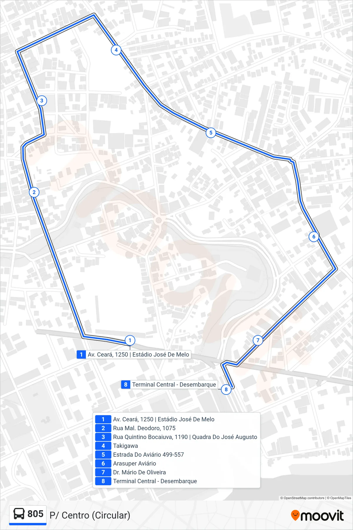 Rota e paradas da linha de ônibus 805 (P/ Centro (Circular)) no mapa