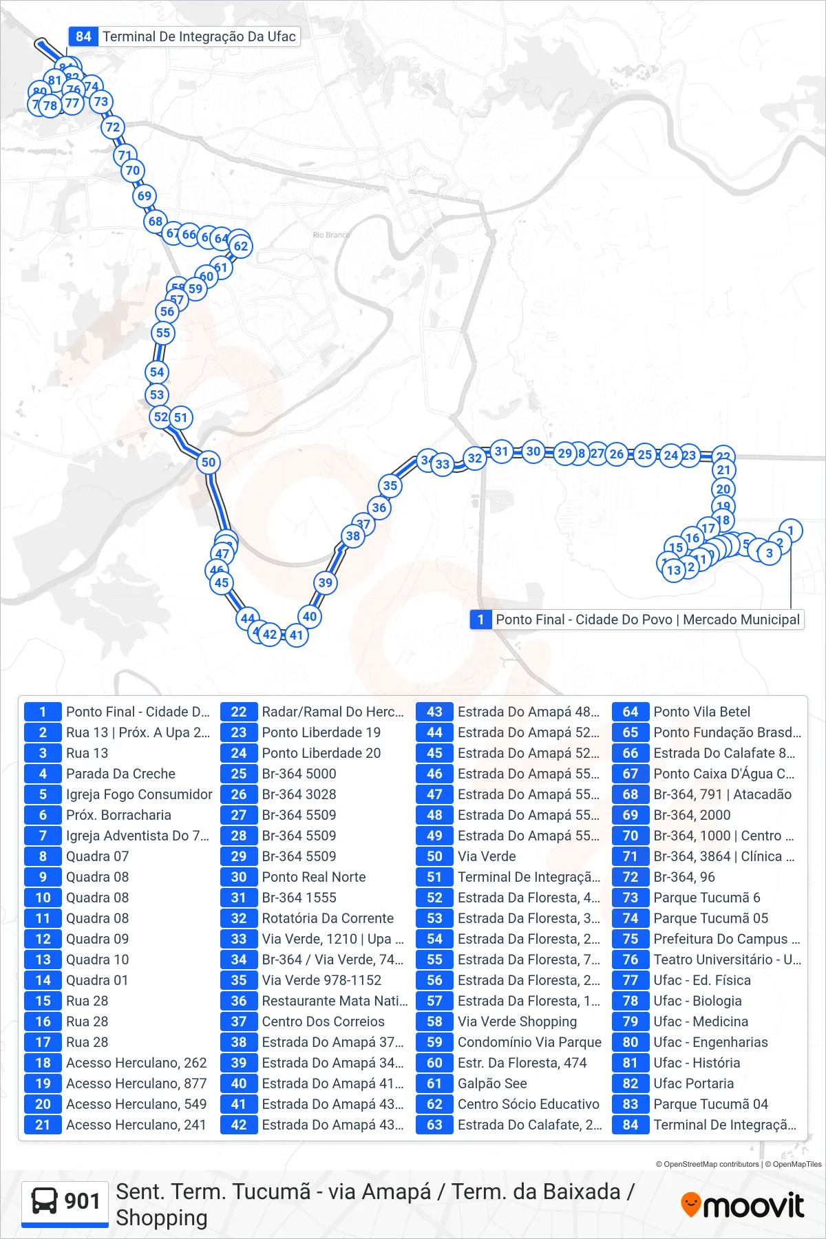 Rota e paradas da linha de ônibus 901 (Sent. Term. Tucumã - via Amapá / Term. da Baixada / Shopping) no mapa