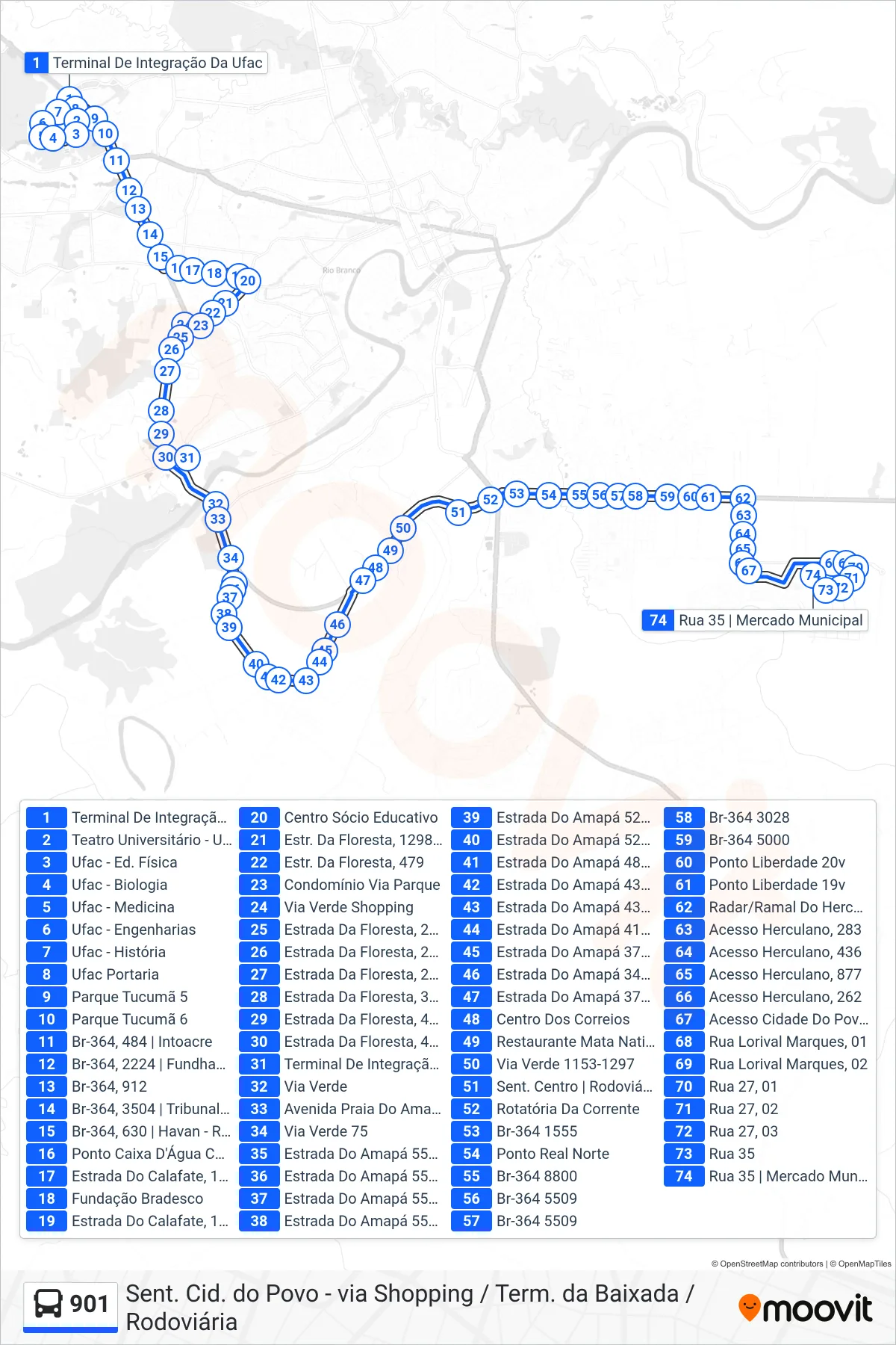 Rota e paradas da linha de ônibus 901 (Sent. Cid. do Povo - via Shopping / Term. da Baixada / Rodoviária) no mapa