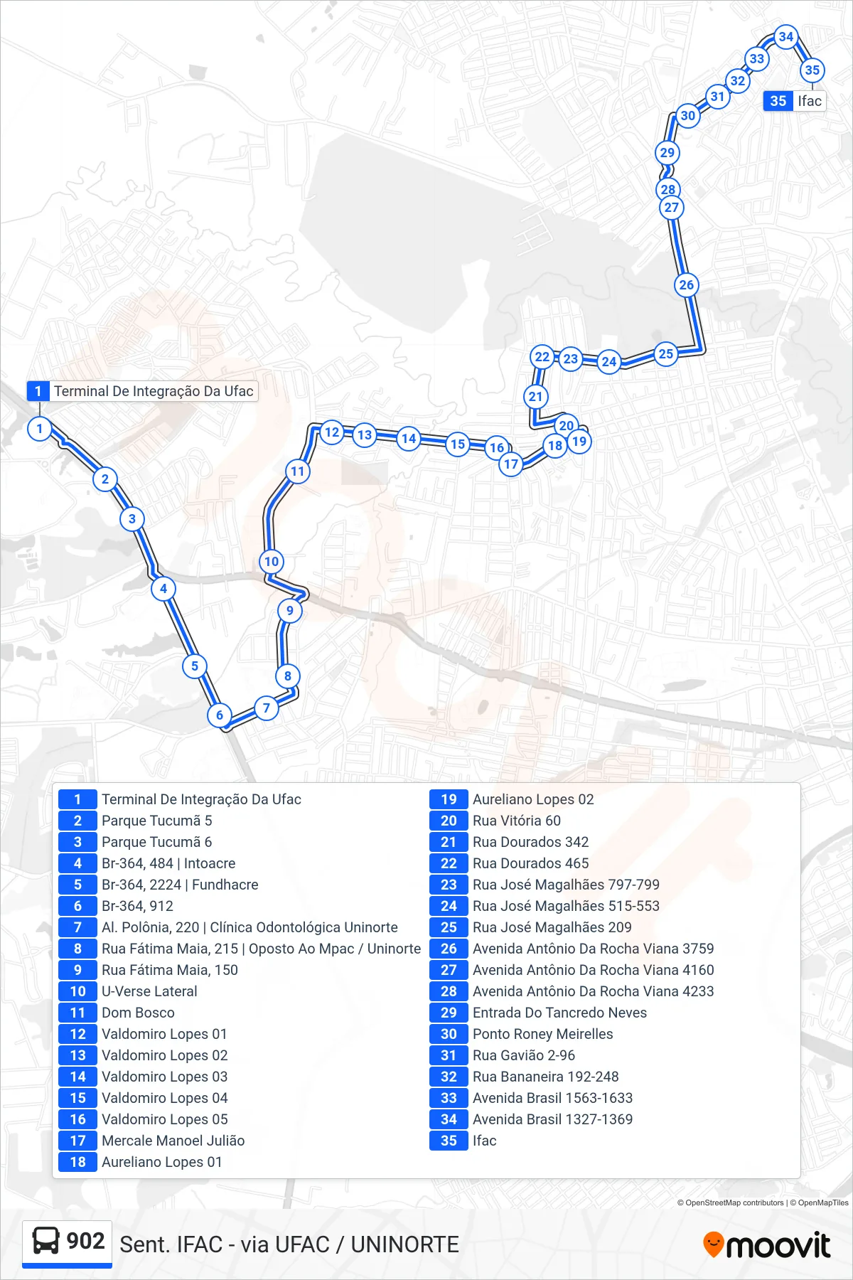 Rota e paradas da linha de ônibus 902 (Sent. IFAC - via UFAC / UNINORTE) no mapa