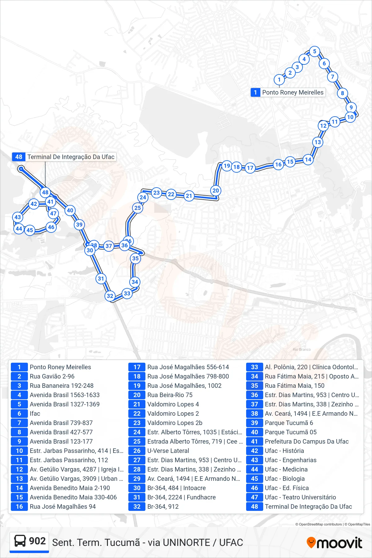 Rota e paradas da linha de ônibus 902 (Sent. Term. Tucumã - via UNINORTE / UFAC) no mapa