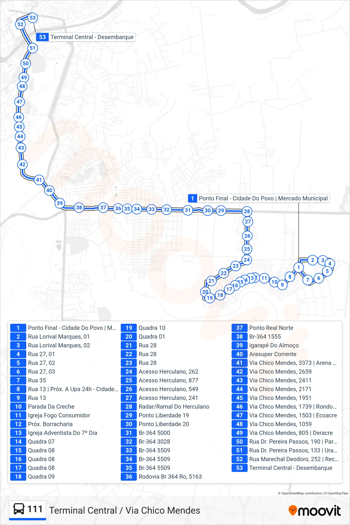 Rota e paradas da linha de ônibus 111 (Terminal Central / Via Chico Mendes) no mapa