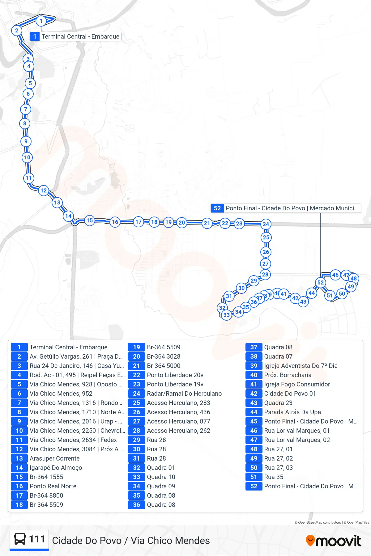 Rota e paradas da linha de ônibus 111 (Cidade Do Povo / Via Chico Mendes) no mapa