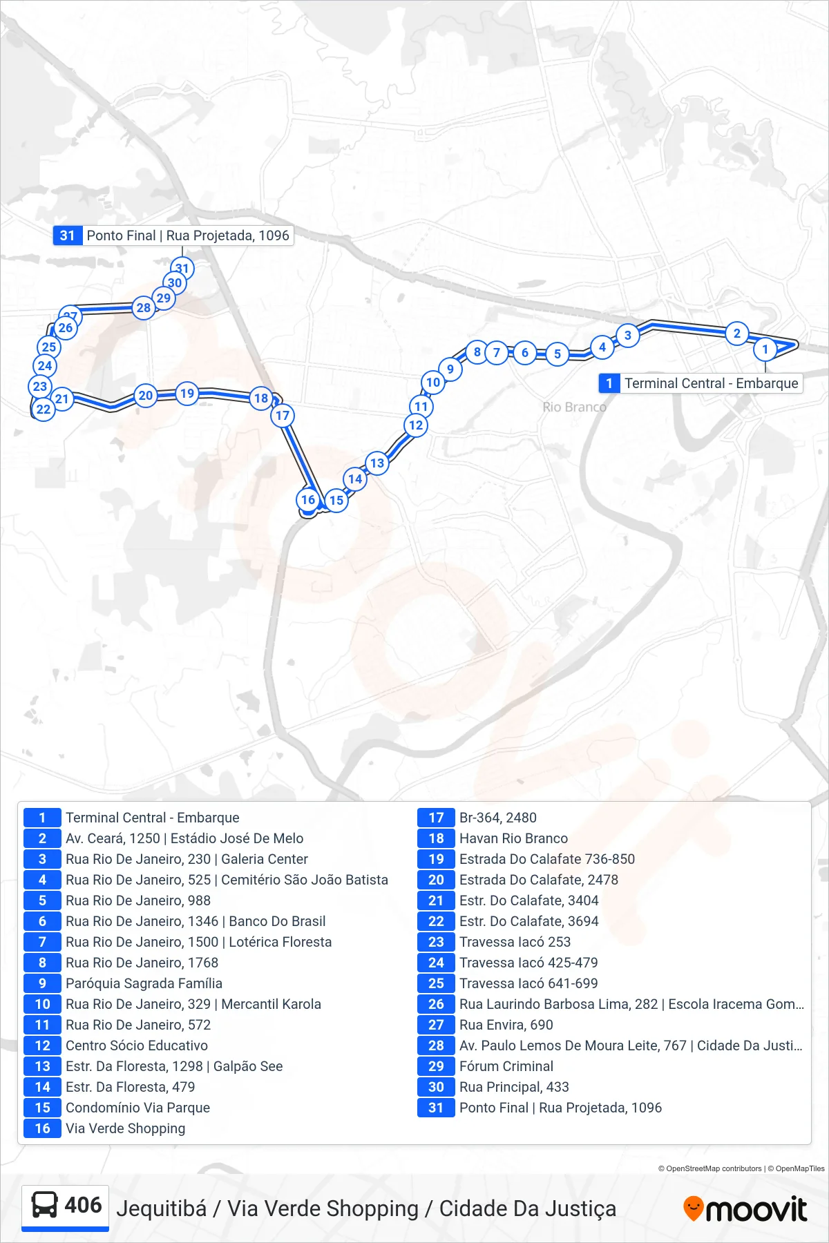 Rota e paradas da linha de ônibus  406  (Jequitibá / Via Verde Shopping / Cidade Da Justiça) no mapa