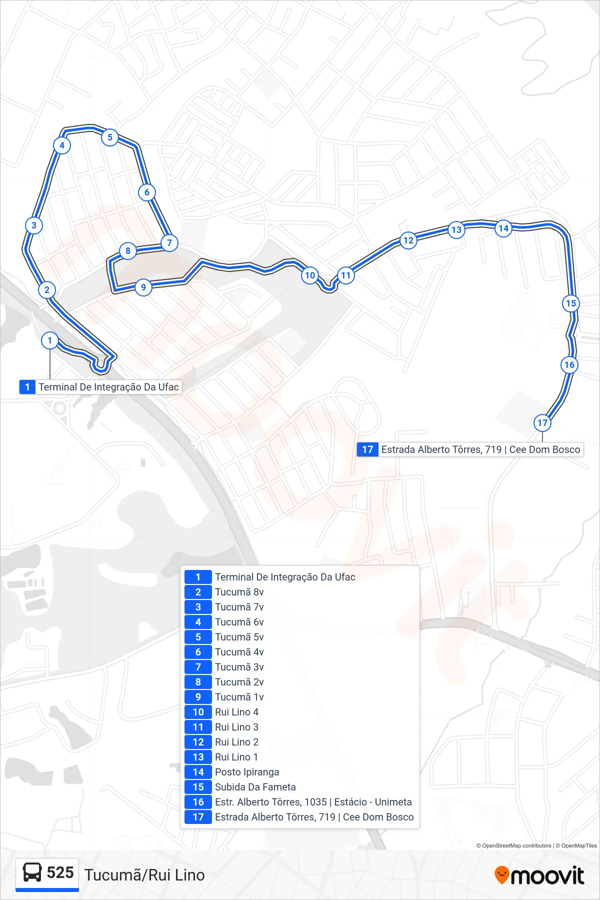 Rota e paradas da linha de ônibus  525  (Tucumã/Rui Lino) no mapa