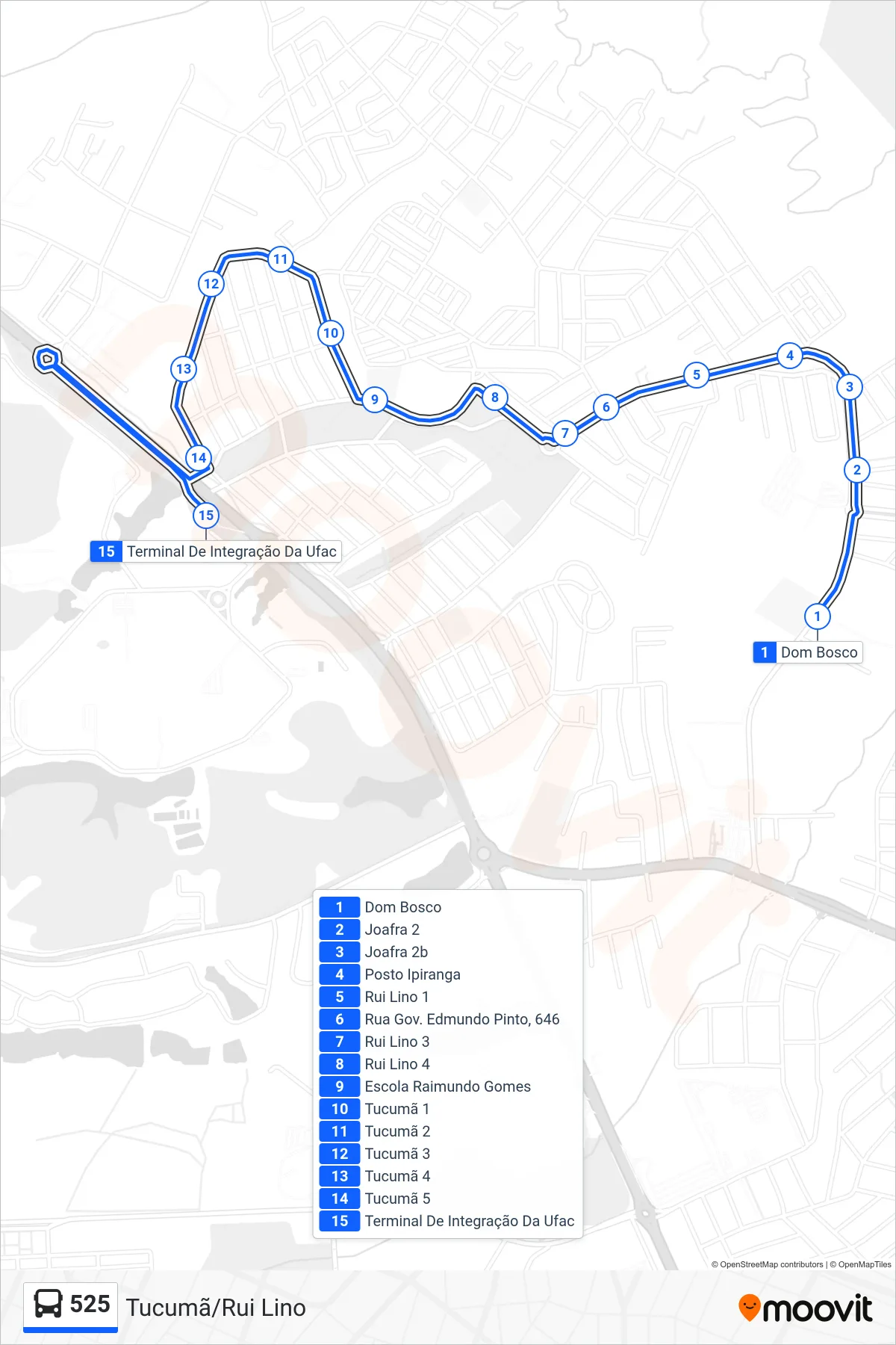 Rota e paradas da linha de ônibus 525 (Tucumã/Rui Lino) no mapa