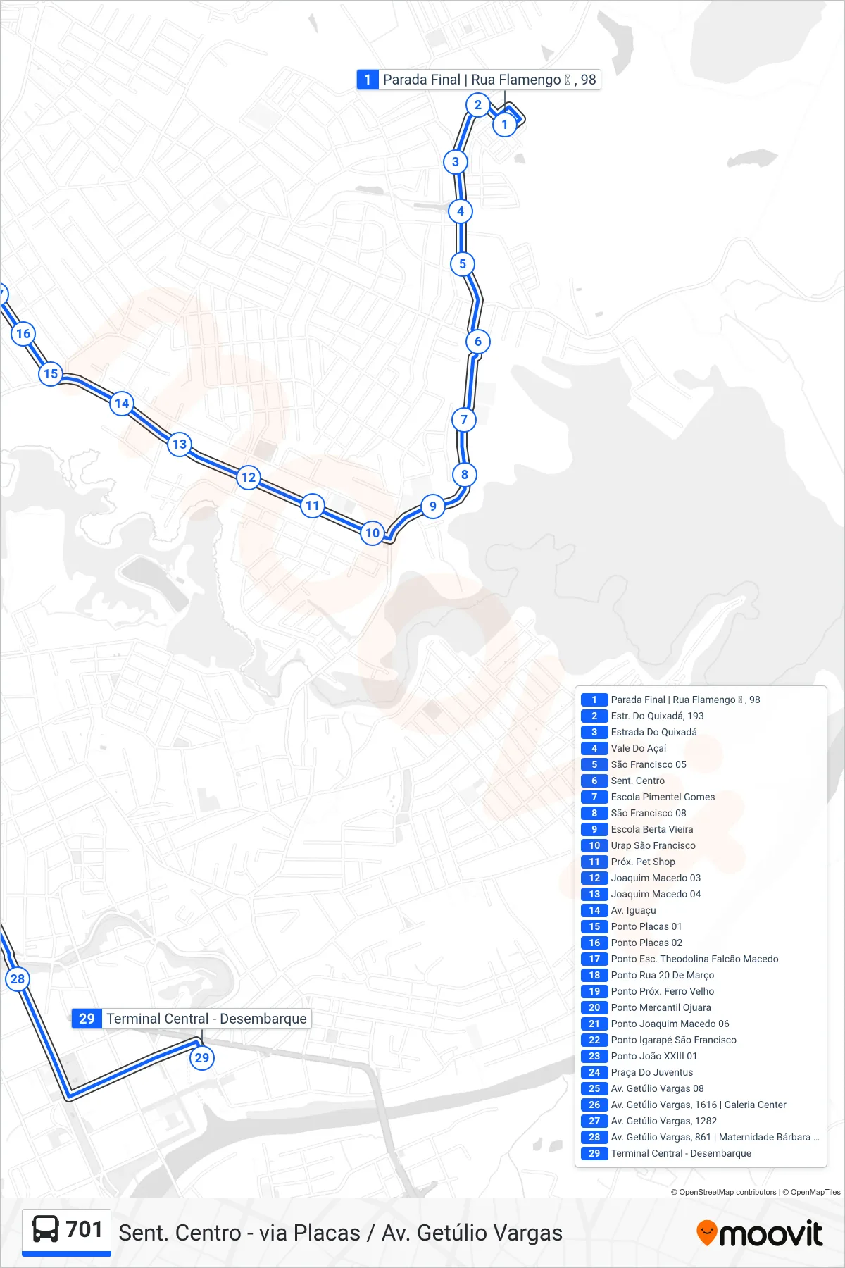 Rota e paradas da linha de ônibus 701 (Sent. Centro - via Placas / Av. Getúlio Vargas) no mapa
