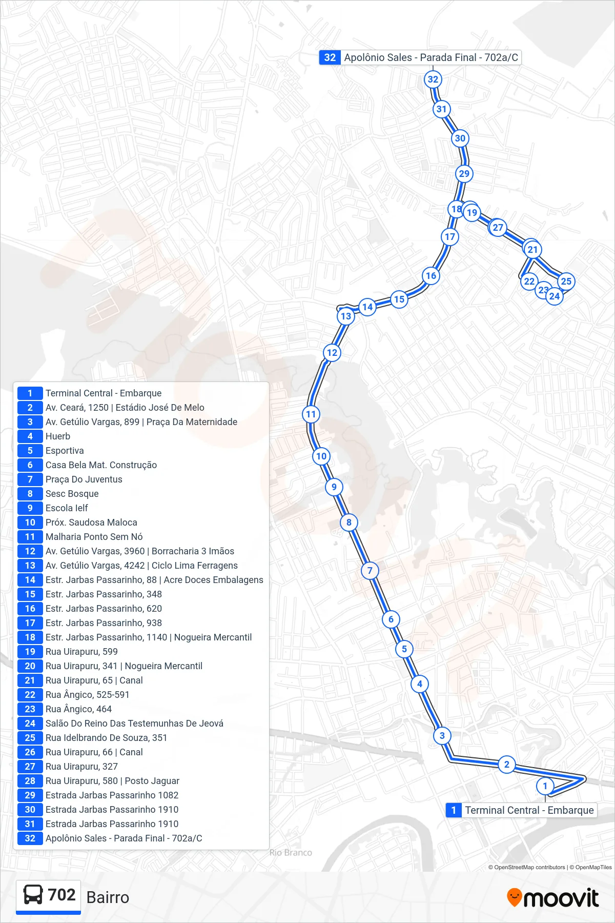 Rota e paradas da linha de ônibus 702 (Bairro) no mapa