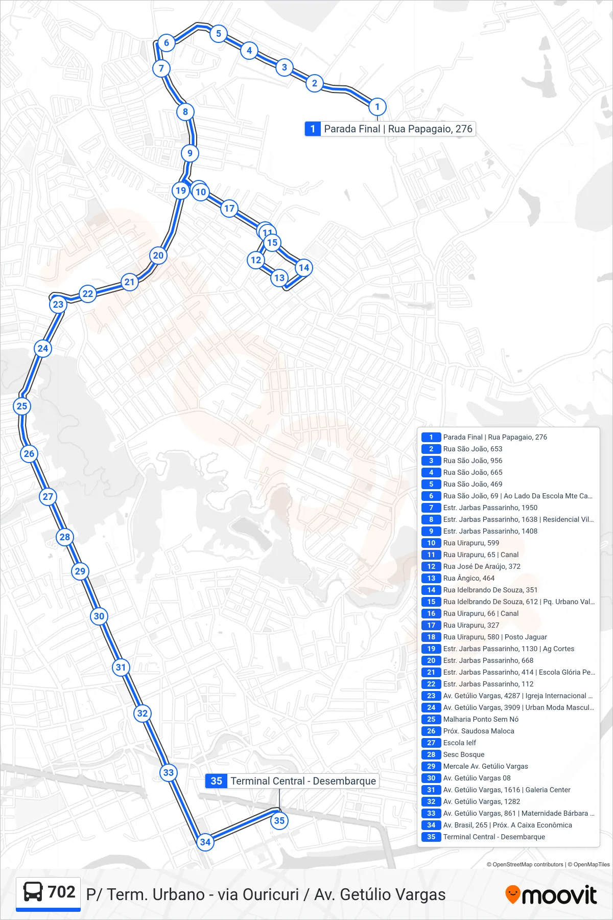 Rota e paradas da linha de ônibus  702  (P/ Term. Urbano - via Ouricuri / Av. Getúlio Vargas) no mapa