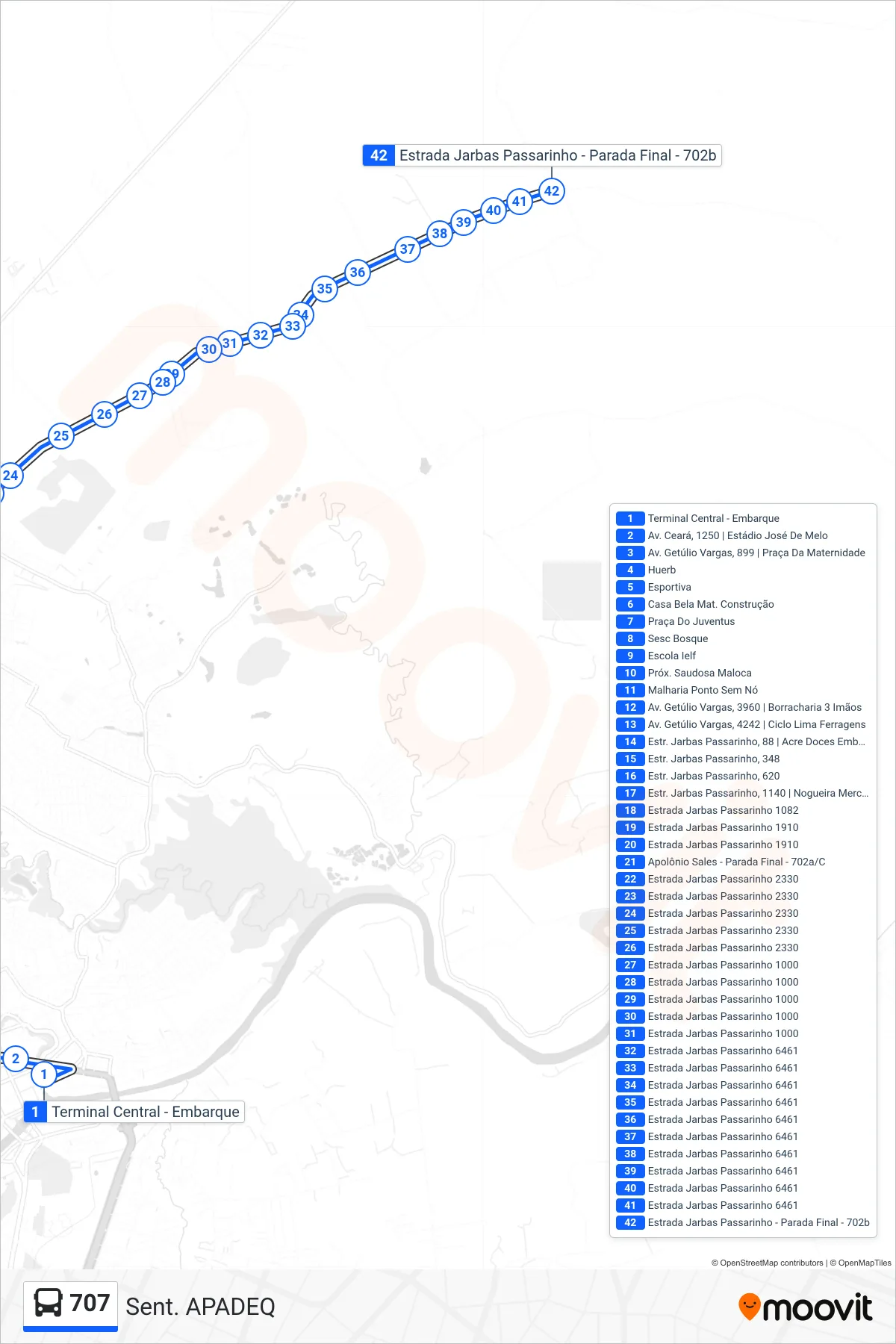 Rota e paradas da linha de ônibus 707 (Sent. APADEQ) no mapa