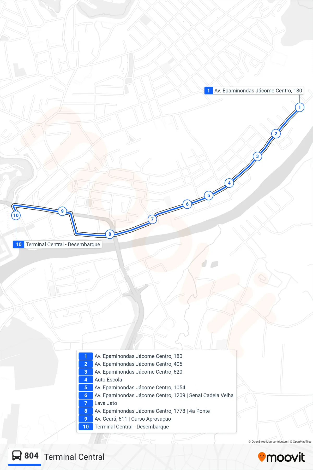 Rota e paradas da linha de ônibus 804 (Terminal Central) no mapa