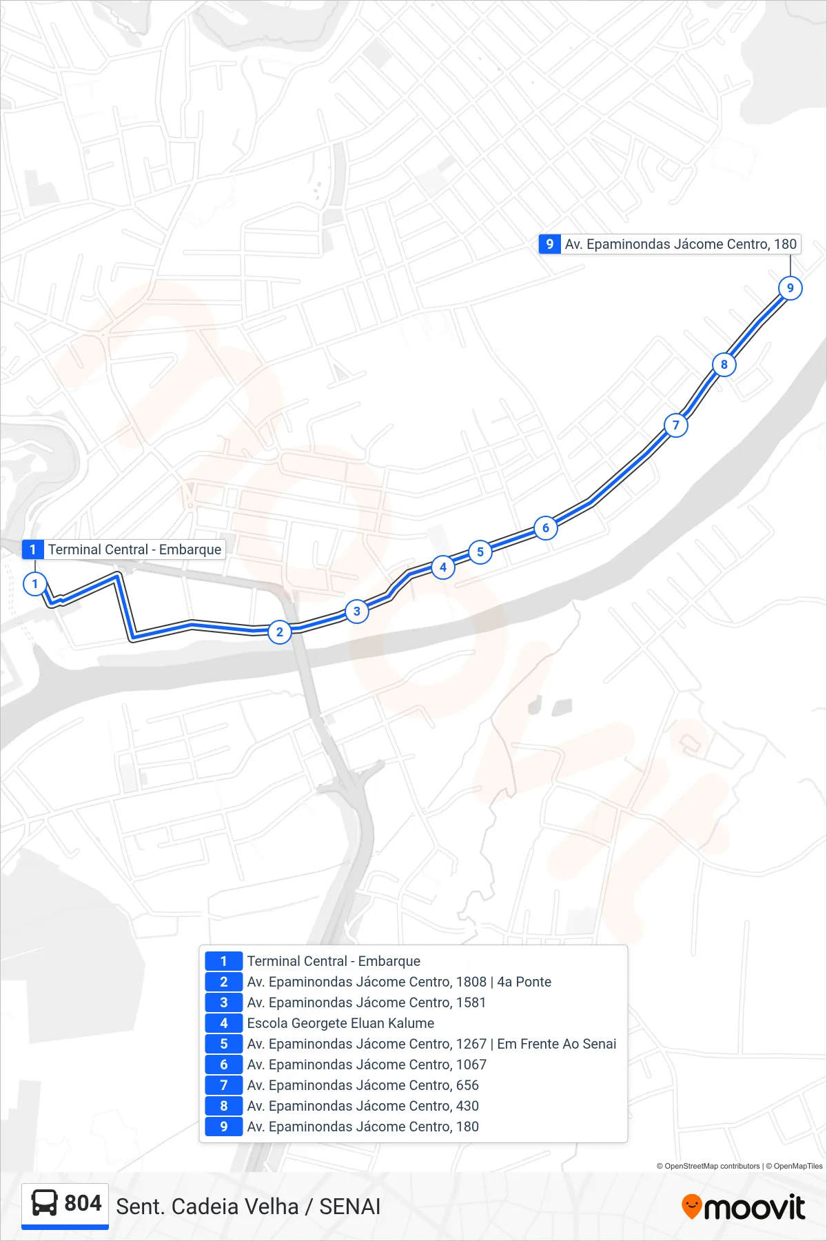 Rota e paradas da linha de ônibus  804  (Sent. Cadeia Velha / SENAI) no mapa