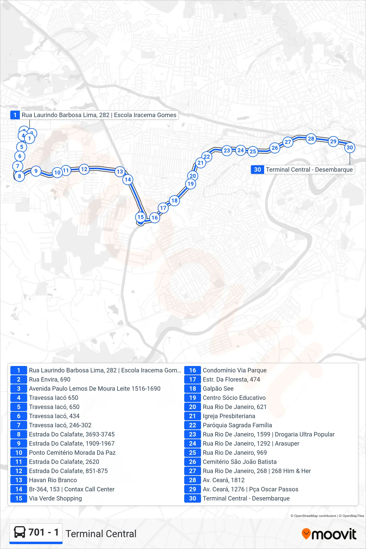 Rota e paradas da linha de ônibus 701 - 1 (Terminal Central) no mapa