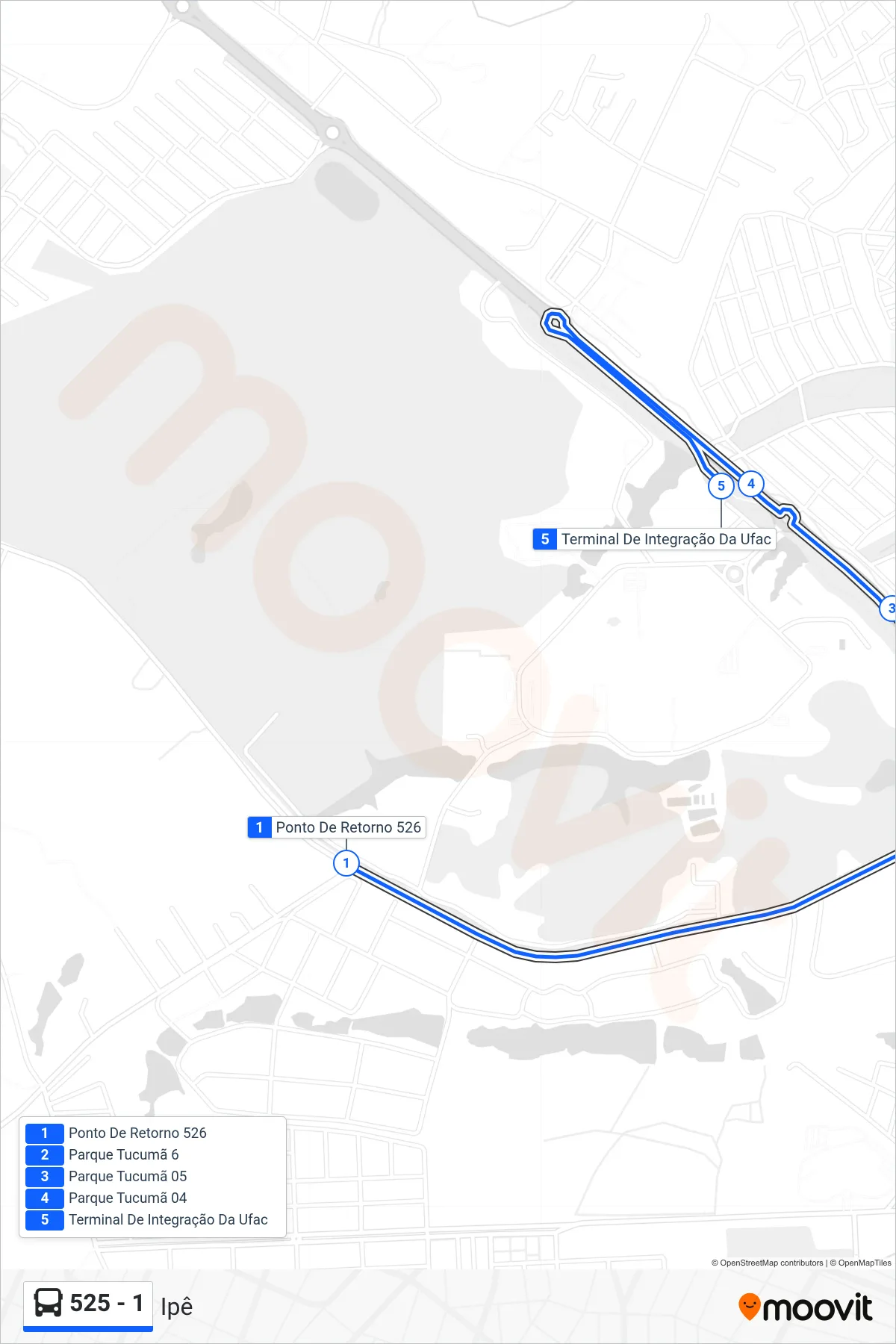 Rota e paradas da linha de ônibus 525 - 1 (Ipê) no mapa