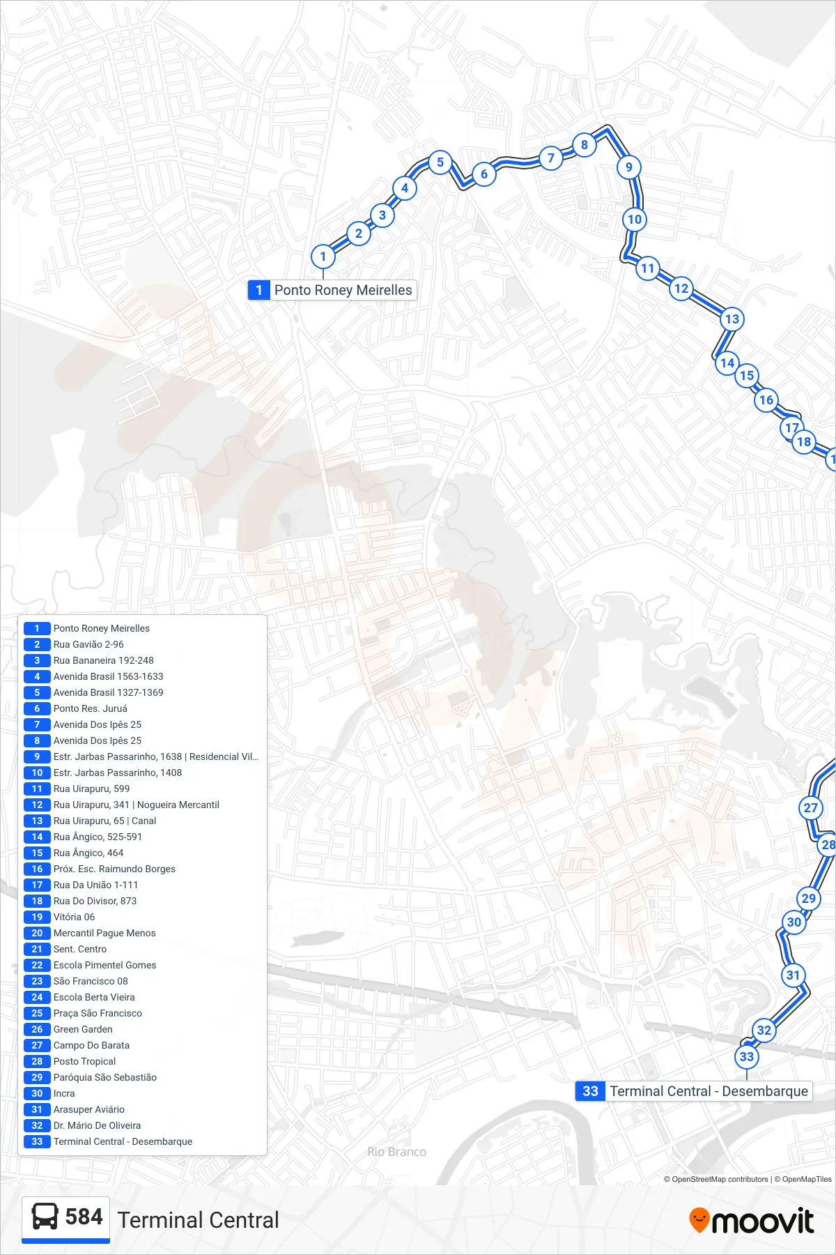 584 bus Line (Terminal Central) route and stops on a map