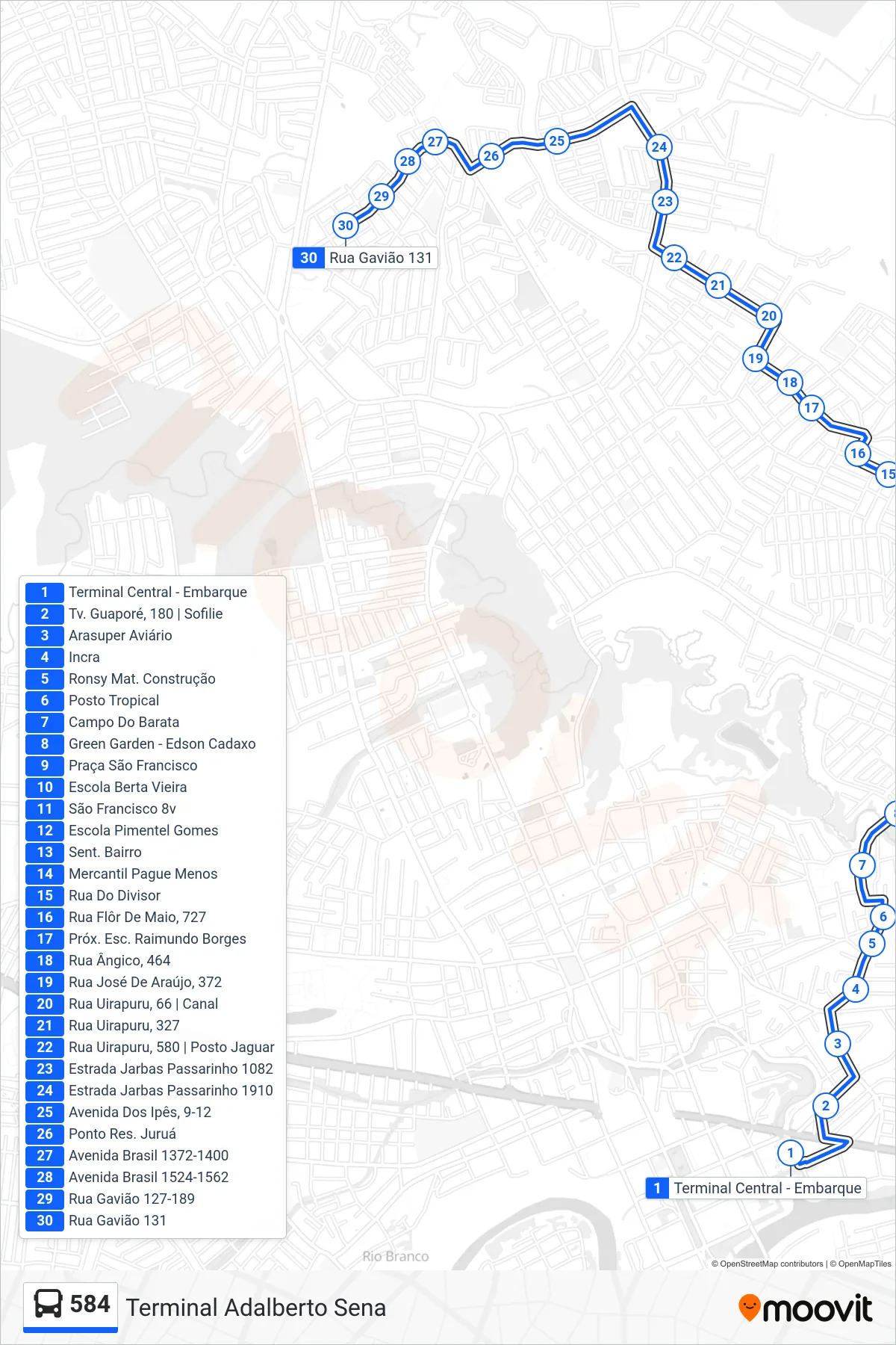 Rota e paradas da linha de ônibus  584  (Terminal Adalberto Sena) no mapa