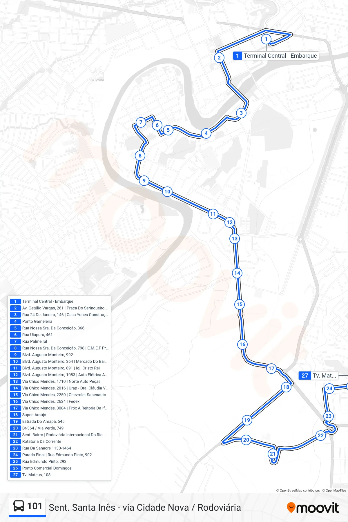 Rota e paradas da linha de ônibus 101 (Sent. Santa Inês - via Cidade Nova / Rodoviária) no mapa
