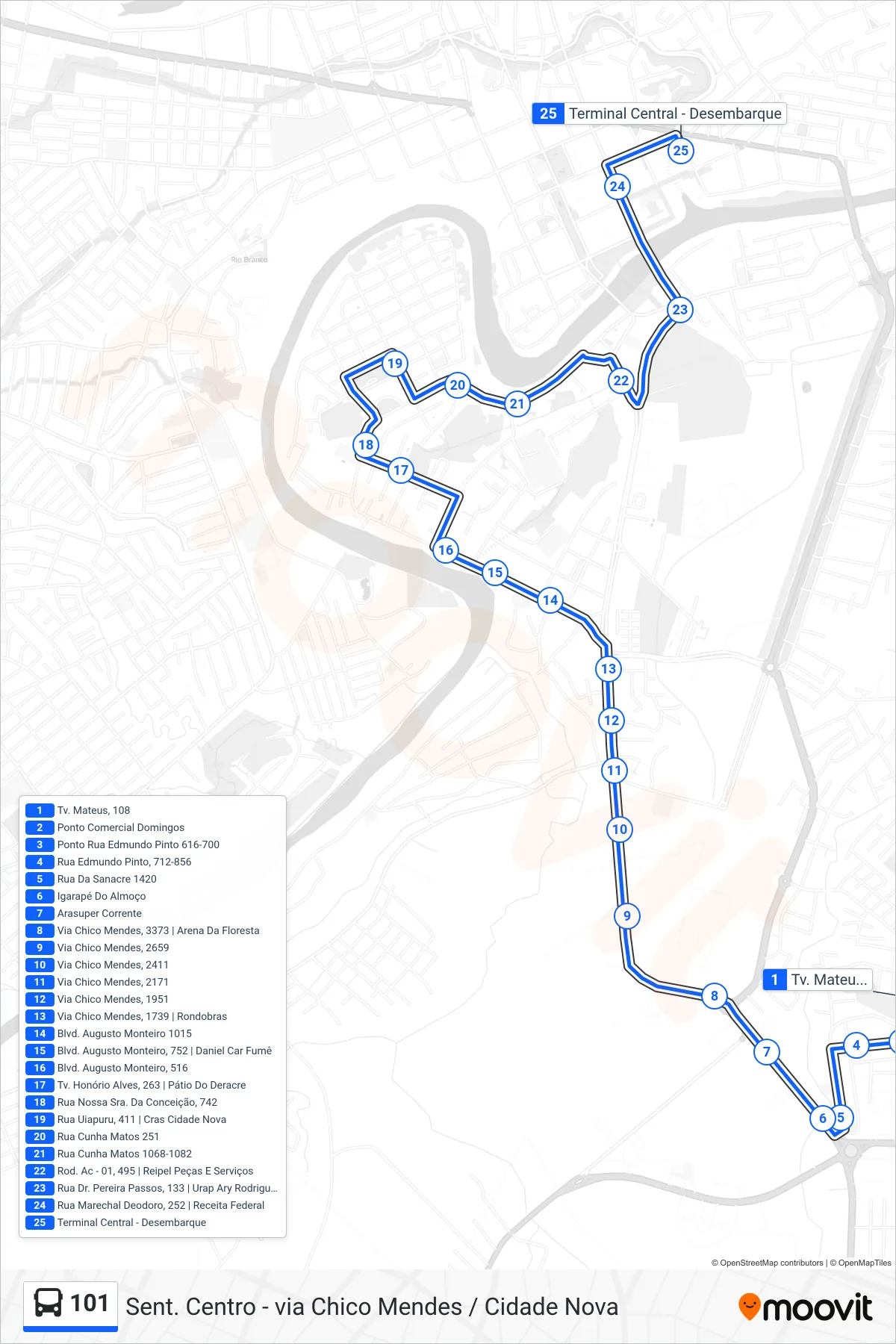 Rota e paradas da linha de ônibus 101 (Sent. Centro - via Chico Mendes / Cidade Nova) no mapa