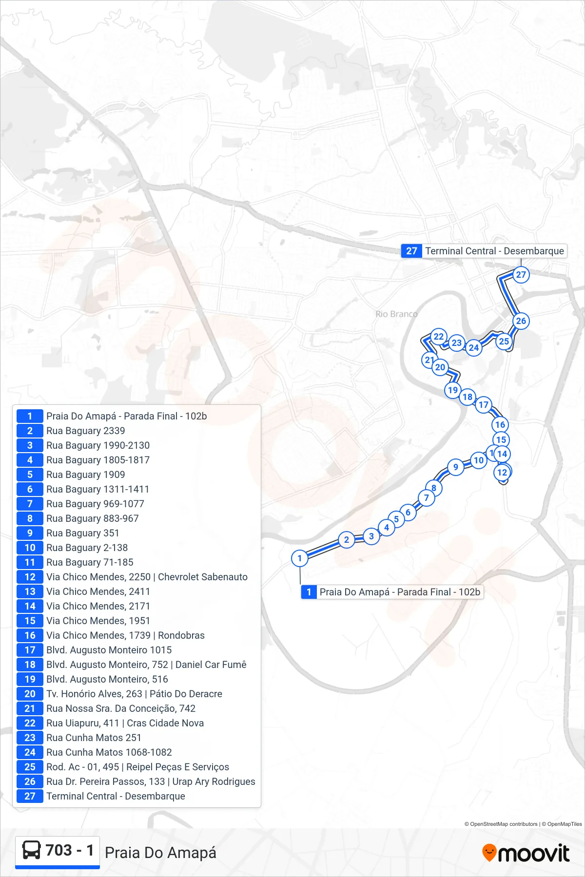 Rota e paradas da linha de ônibus  703 - 1  (Praia Do Amapá) no mapa