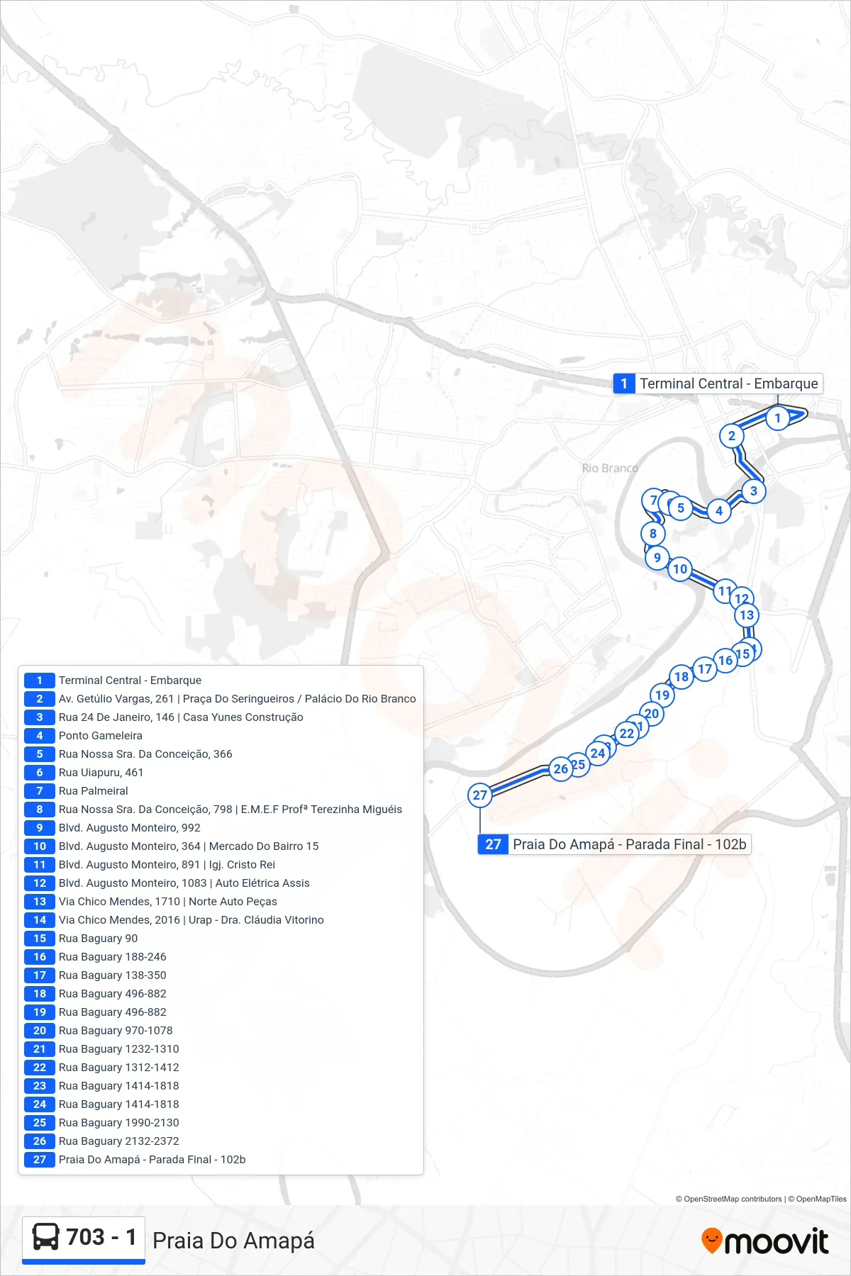 Rota e paradas da linha de ônibus  703 - 1  (Praia Do Amapá) no mapa
