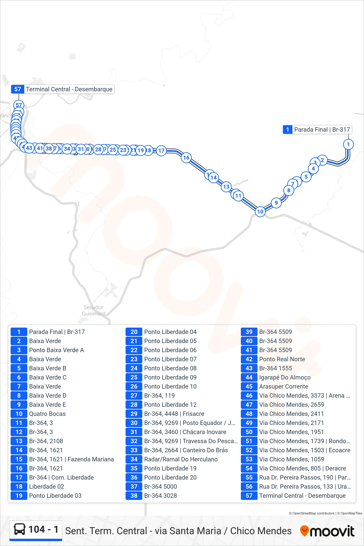 Rota e paradas da linha de ônibus  104 - 1  (Sent. Term. Central - via Santa Maria / Chico Mendes) no mapa