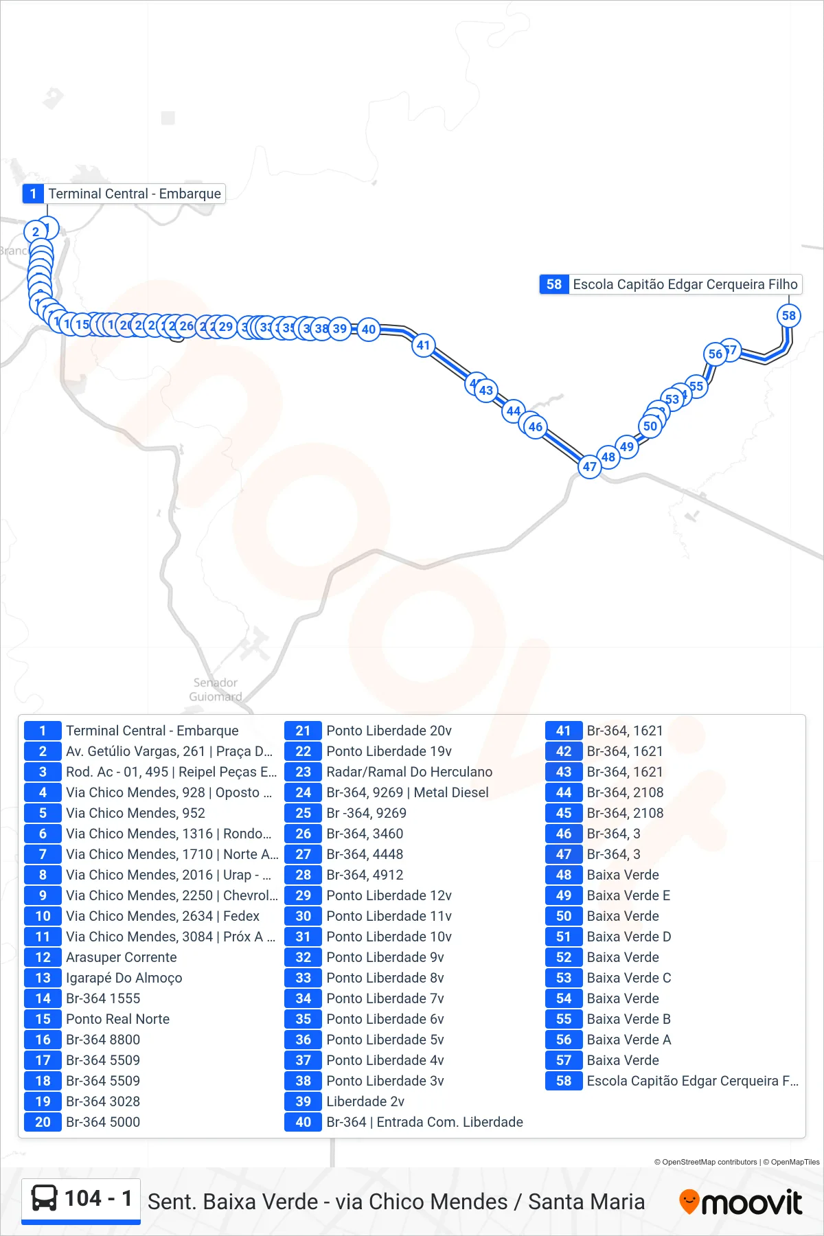 Rota e paradas da linha de ônibus 104 - 1 (Sent. Baixa Verde - via Chico Mendes / Santa Maria) no mapa